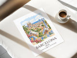 Barcelona Spain Watercolour Print, Sagrada Familia Wall Art, Park Güell Poster, Gaudí Architecture Print, Spanish Coordinates Print