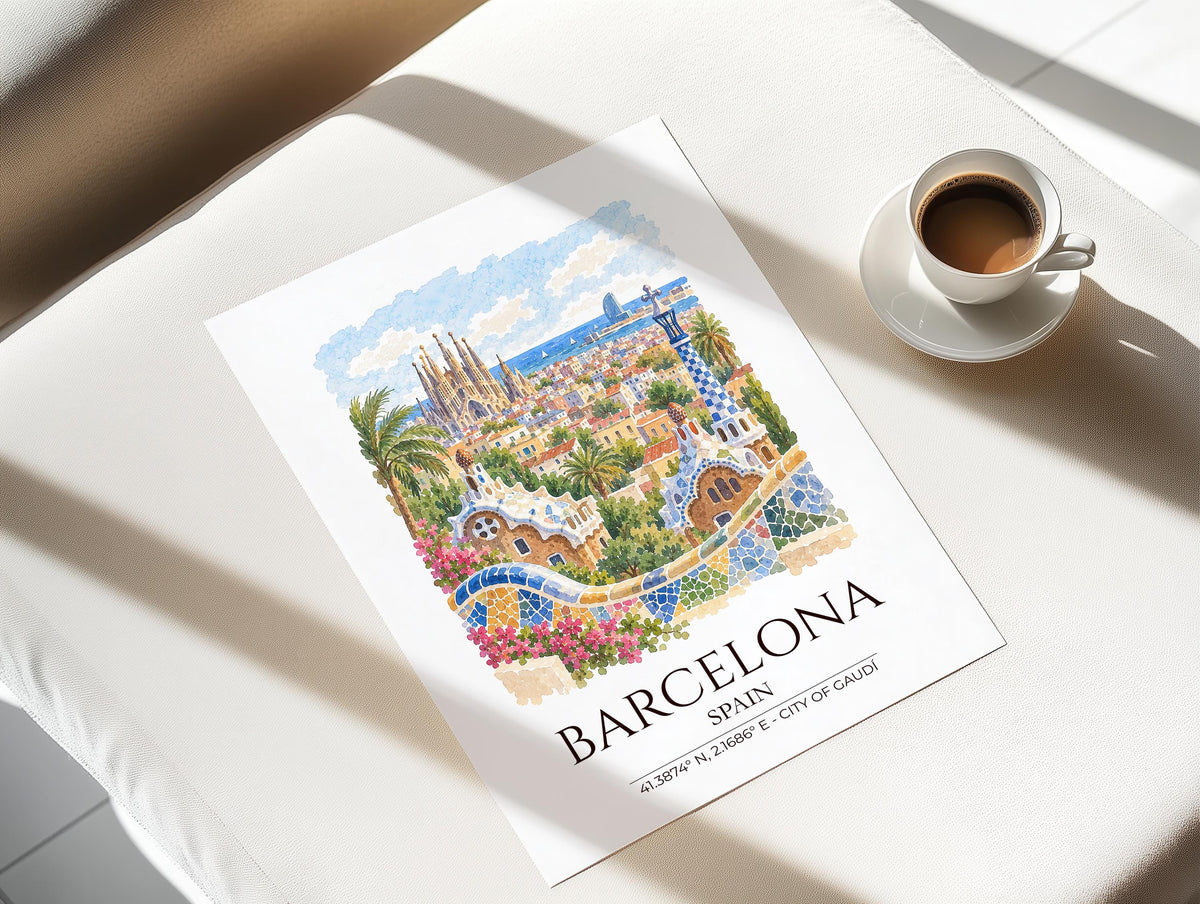 Barcelona Spain Watercolour Print, Sagrada Familia Wall Art, Park Güell Poster, Gaudí Architecture Print, Spanish Coordinates Print