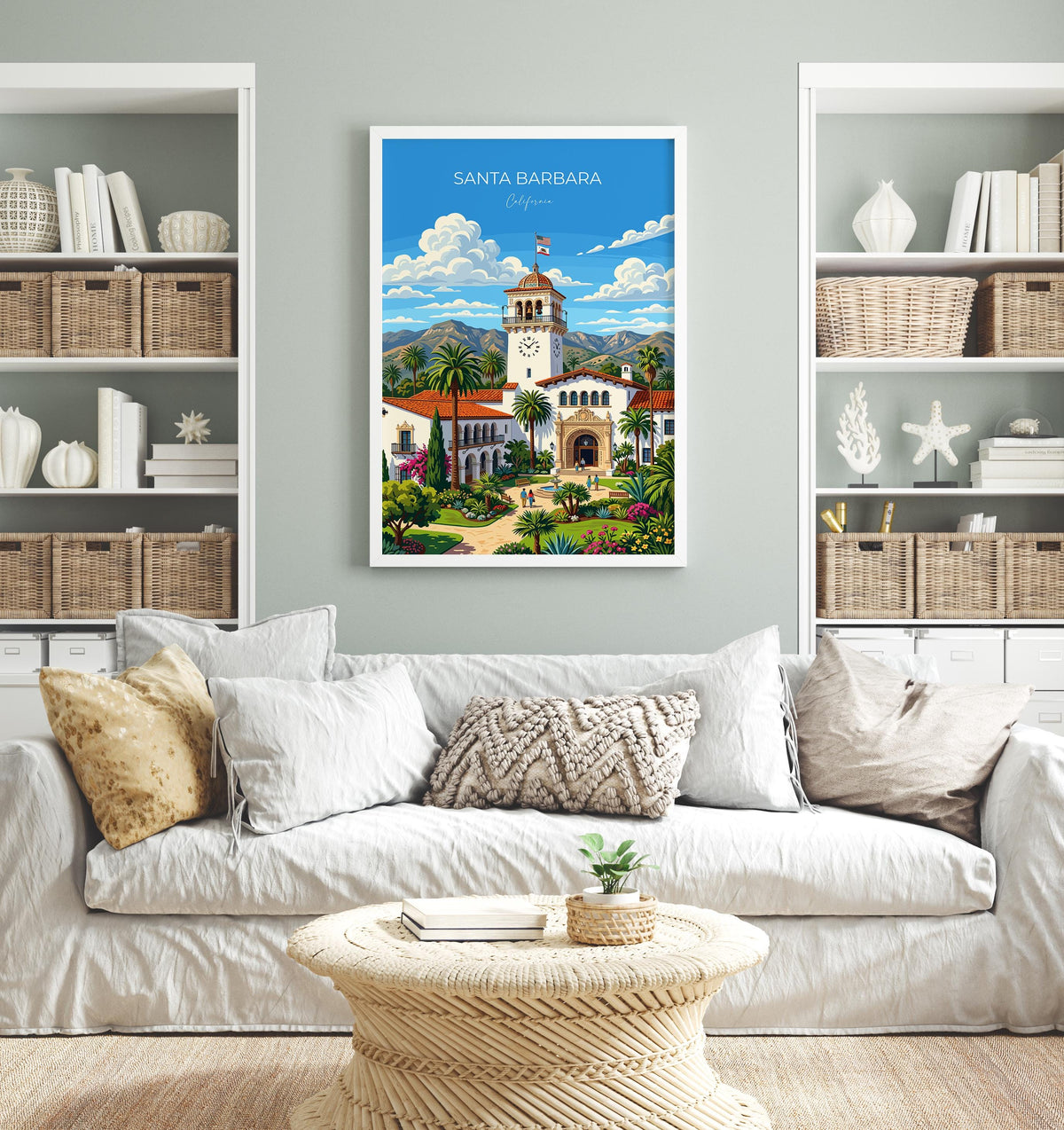 Santa Barbara Travel Poster, California Wall Art, Santa Barbara Courthouse Print, Spanish Colonial Architecture Poster, California Gift
