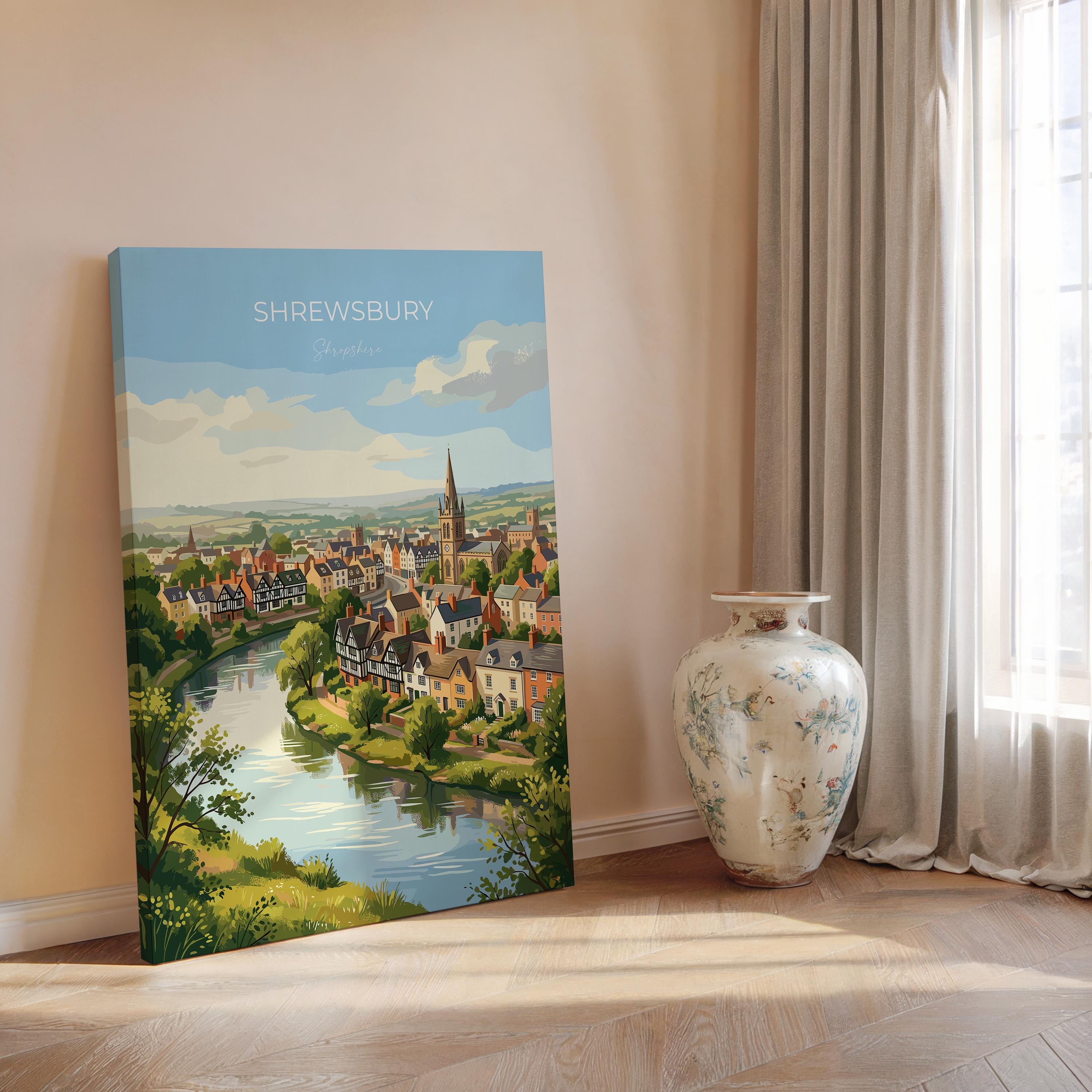 Shrewsbury Travel Print, River Severn Wall Art, Shrewsbury Town Poster, Historic Church Illustration, Shropshire Landscape, UK Decor