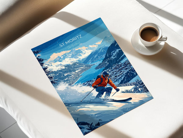 St Moritz Wall Art Travel Poster, Travel Print of St Moritz, Ski Poster, Switzerland Alps Art Travel Lovers Gift