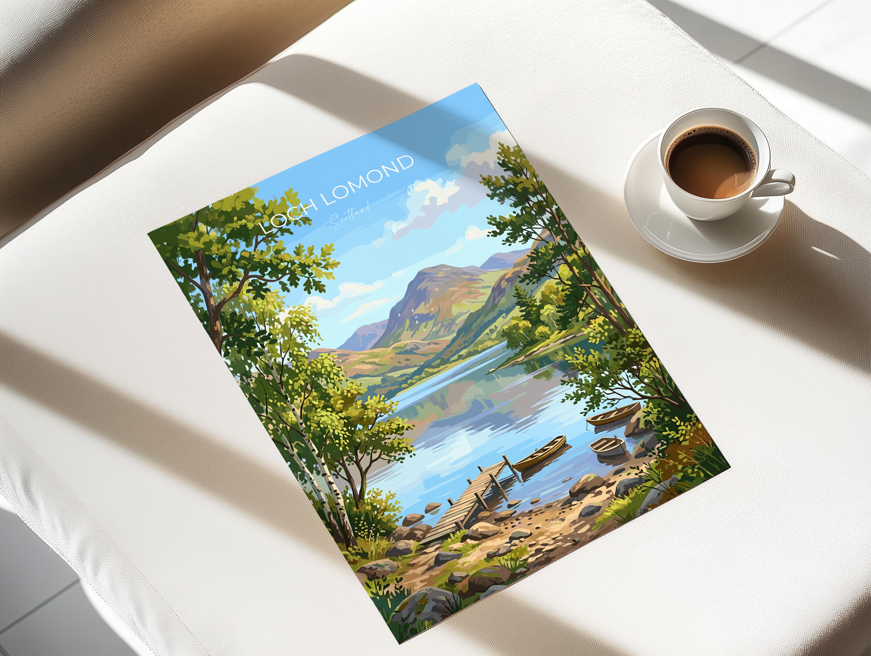 Loch Lomond Scotland Travel Print, Scottish Highlands Wall Art, Scenic Loch Landscape Poster, Nature Illustration, UK Decor, Scotland Gift