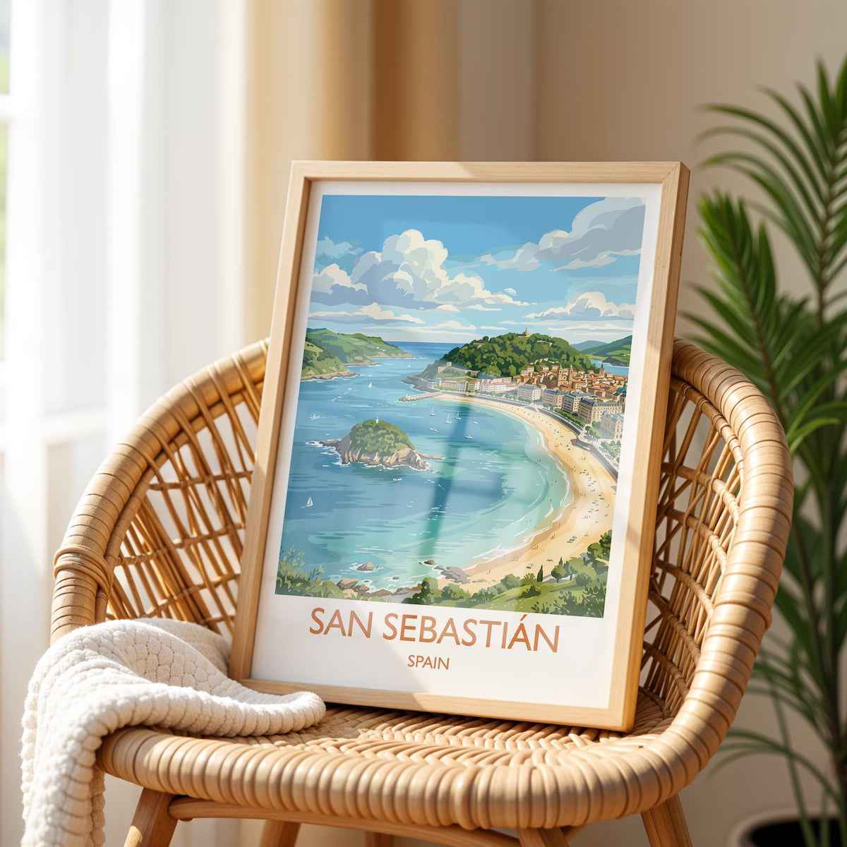 San Sebastian Print, La Concha Wall Art with Border, Basque Coast Poster, Spain Travel Print, San Sebastian Gift Print