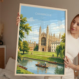 Cambridge Travel Print, Kings College Cambridge Wall Art, River Cam Punting Scene Poster, Historic University Illustration, City Style UK NQ Media Designs