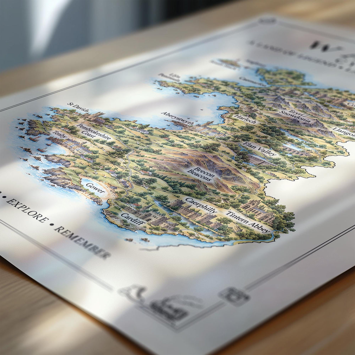 Wales Illustrated Map Print, Welsh Wall Art, Snowdonia Map Poster, Framed or Canvas Print, Wales Gift Print