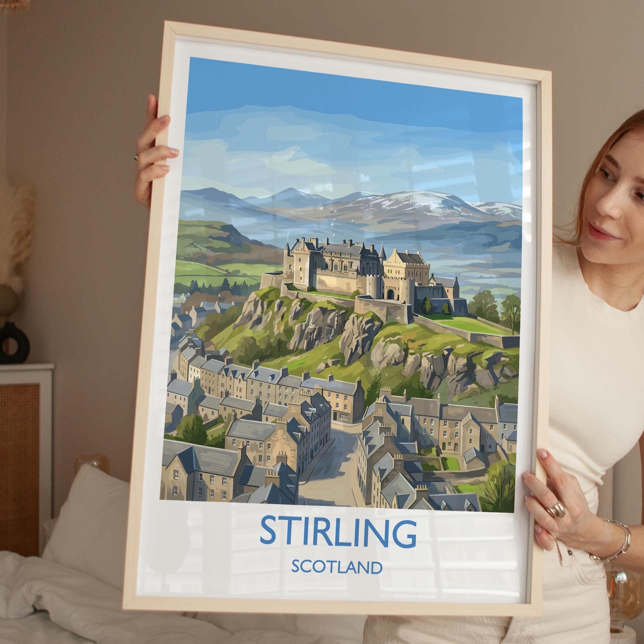 Stirling Castle Scotland Travel Poster, Scottish Highlands Wall Art, Stirling City Landscape Print, Historic Castle Illustration, UK Decor