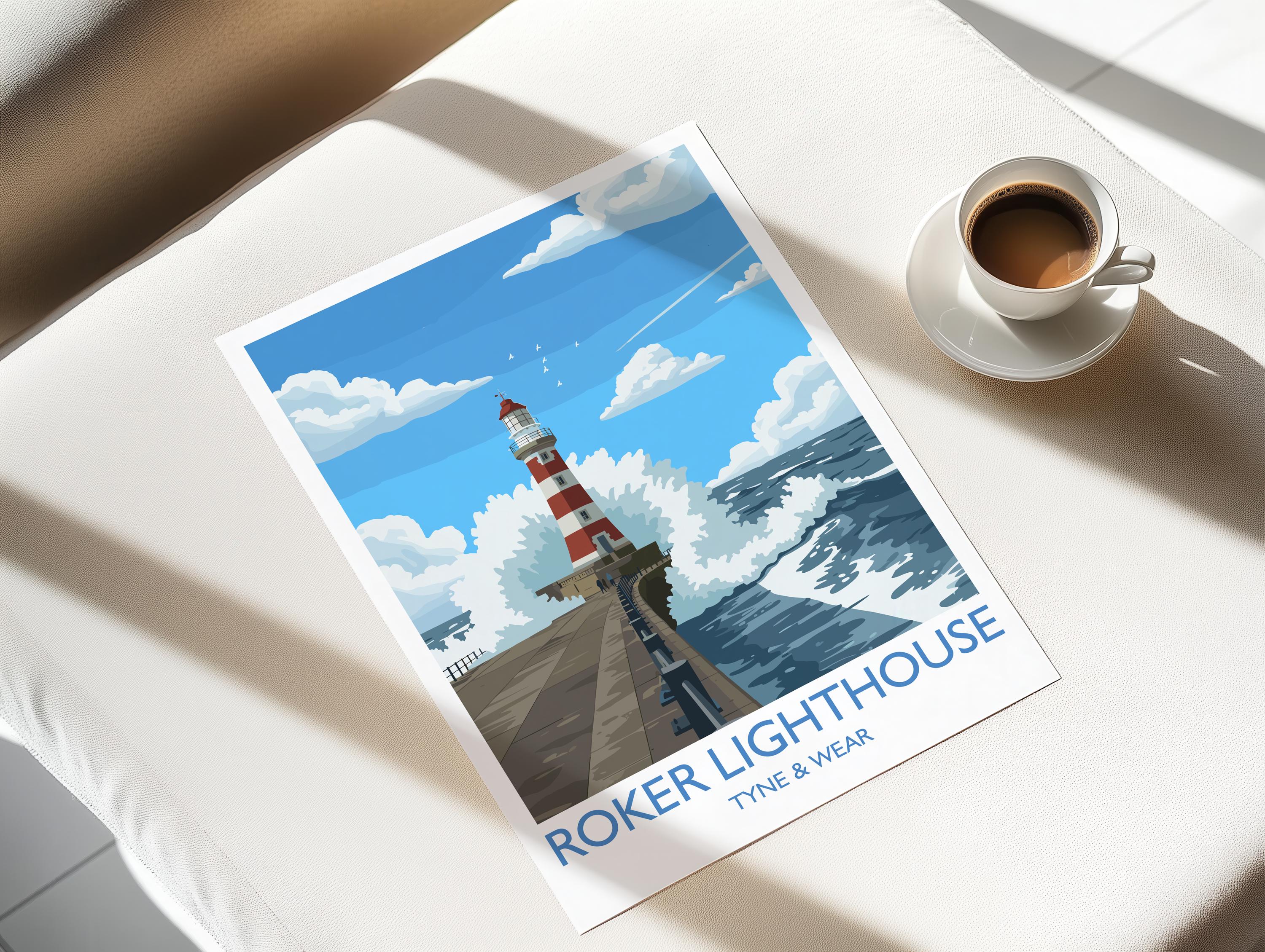 Roker Lighthouse Travel Print Wall Art, Travel Poster of Roker Pier Lighthouse, Sunderland, Northern England, Tyne & Wear Art Gift NQ Media Designs