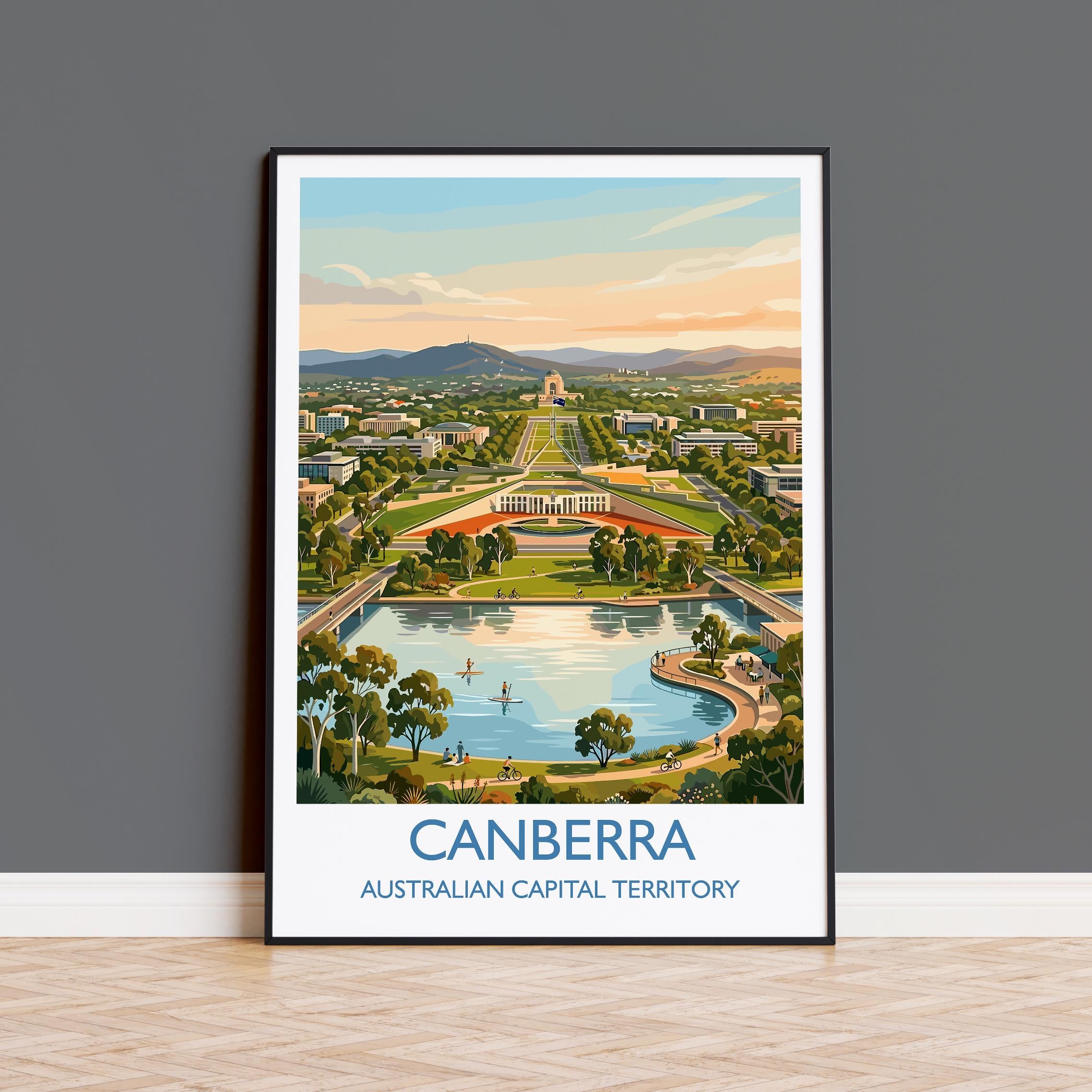 Canberra Australia Travel Poster, Parliament House Wall Art, Australian Capital City Print, Lake Burley Griffin Illustration, Australia Art