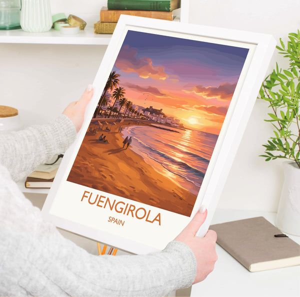 Fuengirola Spain Travel Poster, Costa del Sol Beach Wall Art, Sunset Promenade Print, Spanish Coastal Illustration, Holiday Decor