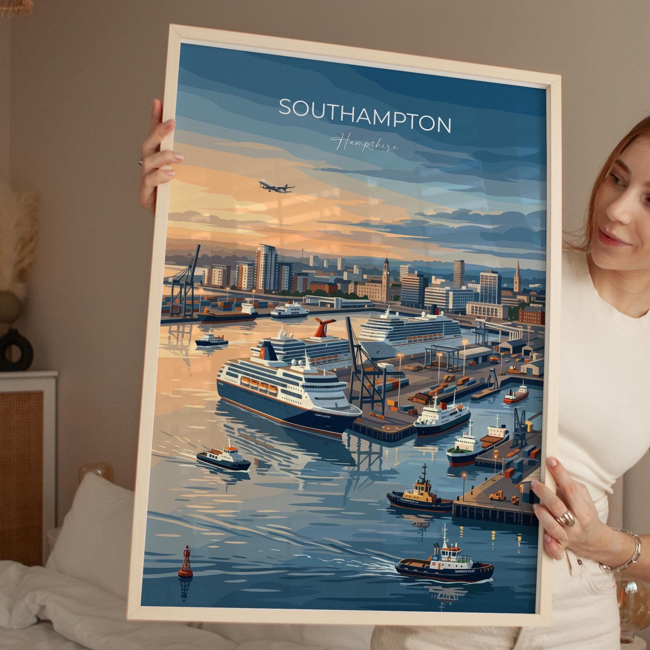 Southampton Port Travel Print, Southampton Docks Wall Art, Cruise Ship Harbour Poster, Historic Port Illustration, UK Coastal Decor