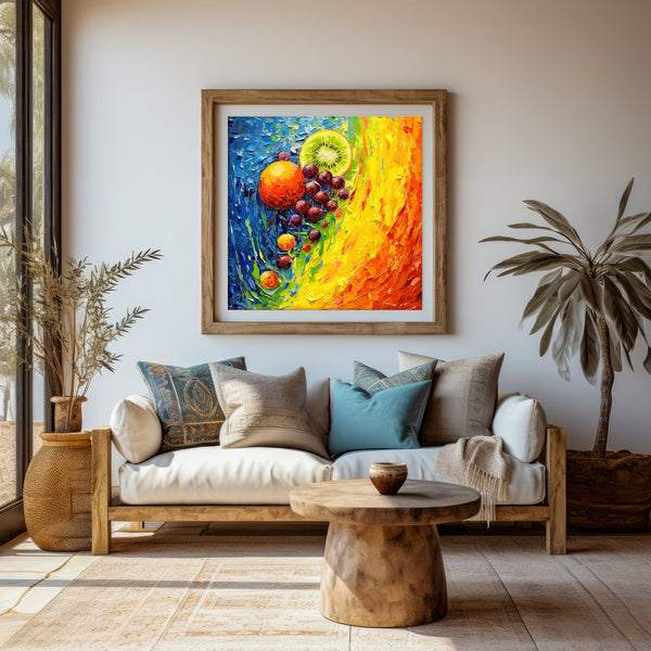 a living room with a large, colorful painting of fruits hanging on the wall above a white sofa with pillows. The room has a wooden coffee table in front of the sofa, and there are potted plants and a large window providing natural light and a view of the outdoors.