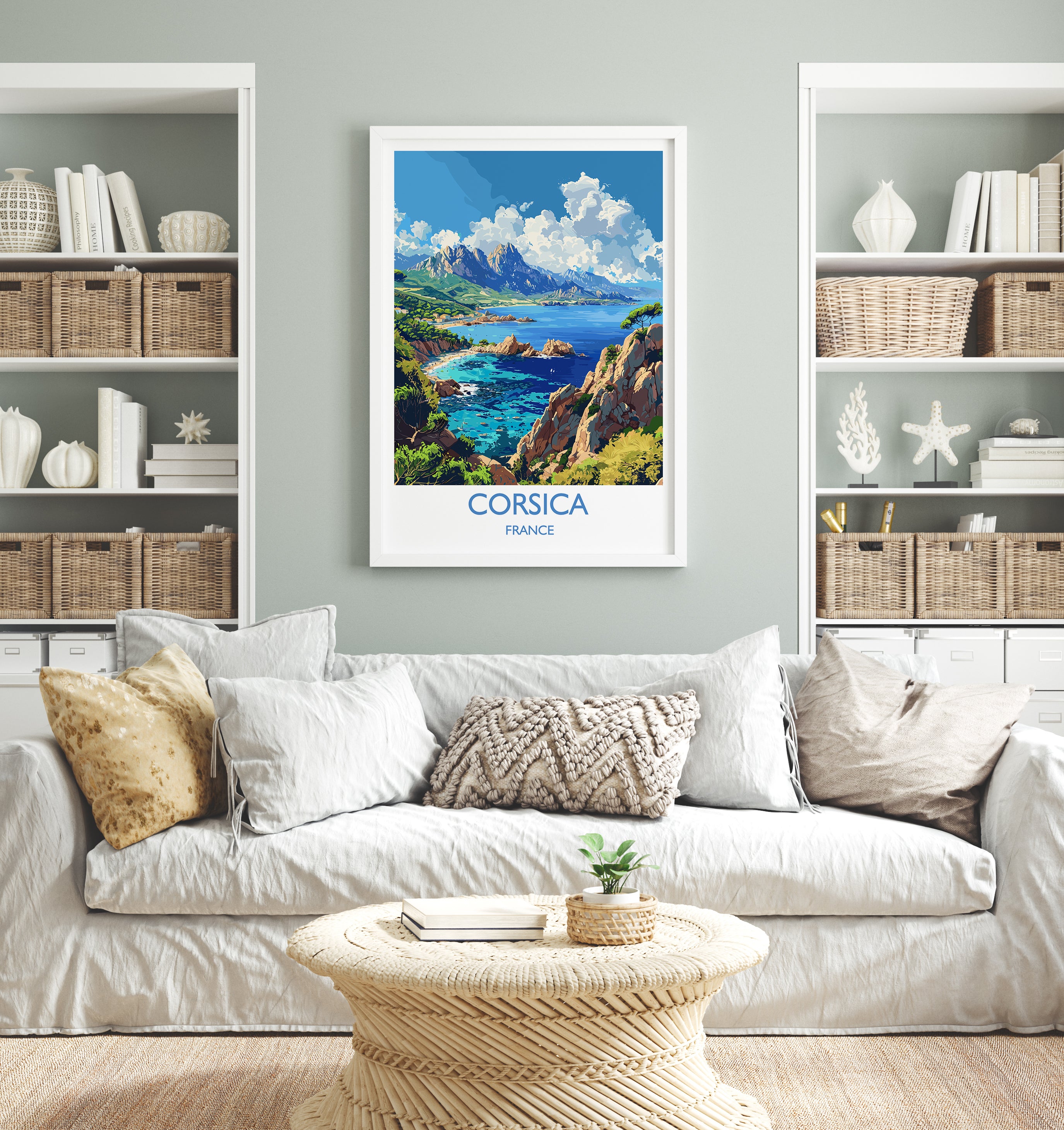 a living room filled with furniture and a painting on the wall