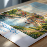 Norwich Norfolk Print, Historic Cathedral City Wall Art, English City Travel Poster, Norfolk Decor, UK Gift