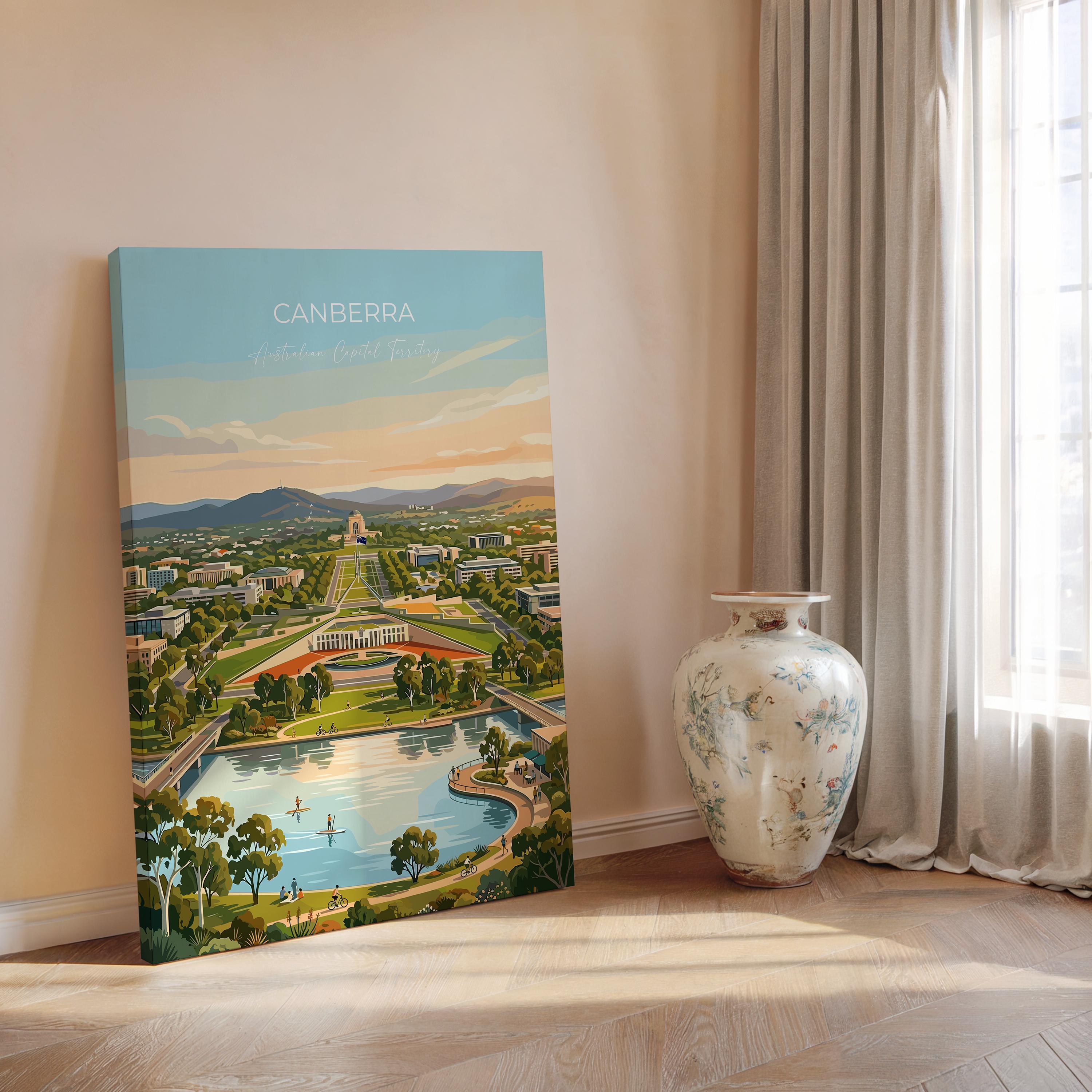 Canberra Australia Travel Poster, Parliament House Wall Art, Australian Capital City Print, Lake Burley Griffin Illustration, Australia Art