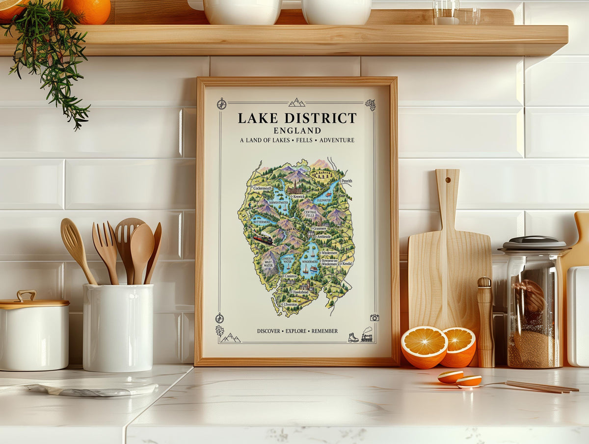 Lake District Illustrated Map Print, England Wall Art, Cumbria Map Poster, Framed or Canvas Print, Lake District Gift