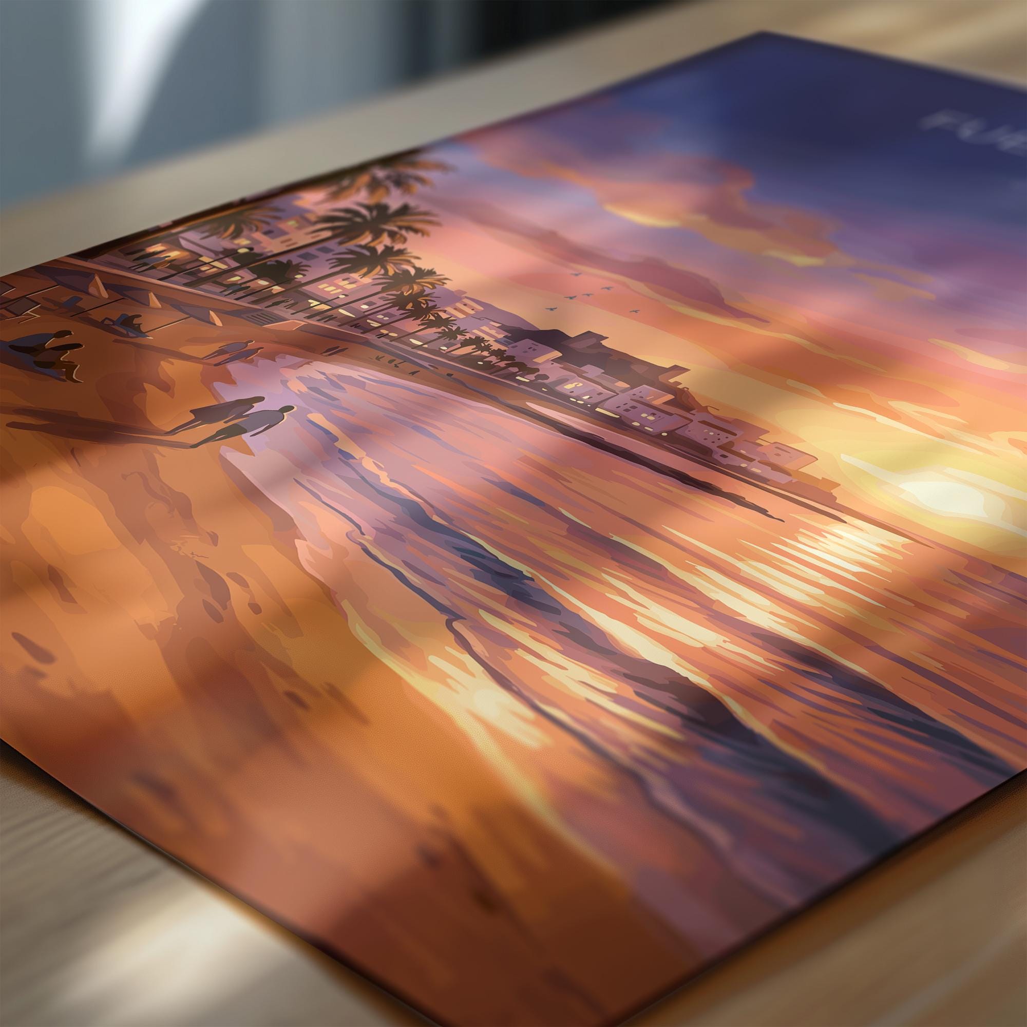 Fuengirola Spain Sunset Travel Print, Costa del Sol Beach Wall Art, Seaside Promenade Poster, Spanish Coastal Illustration, Holiday Decor