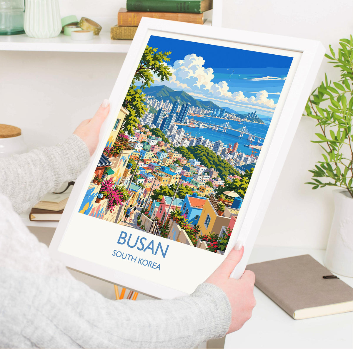 Busan Travel Print, South Korea Wall Art with Border, Gamcheon Culture Village Poster, Gwangan Bridge Art Print, Busan Gift