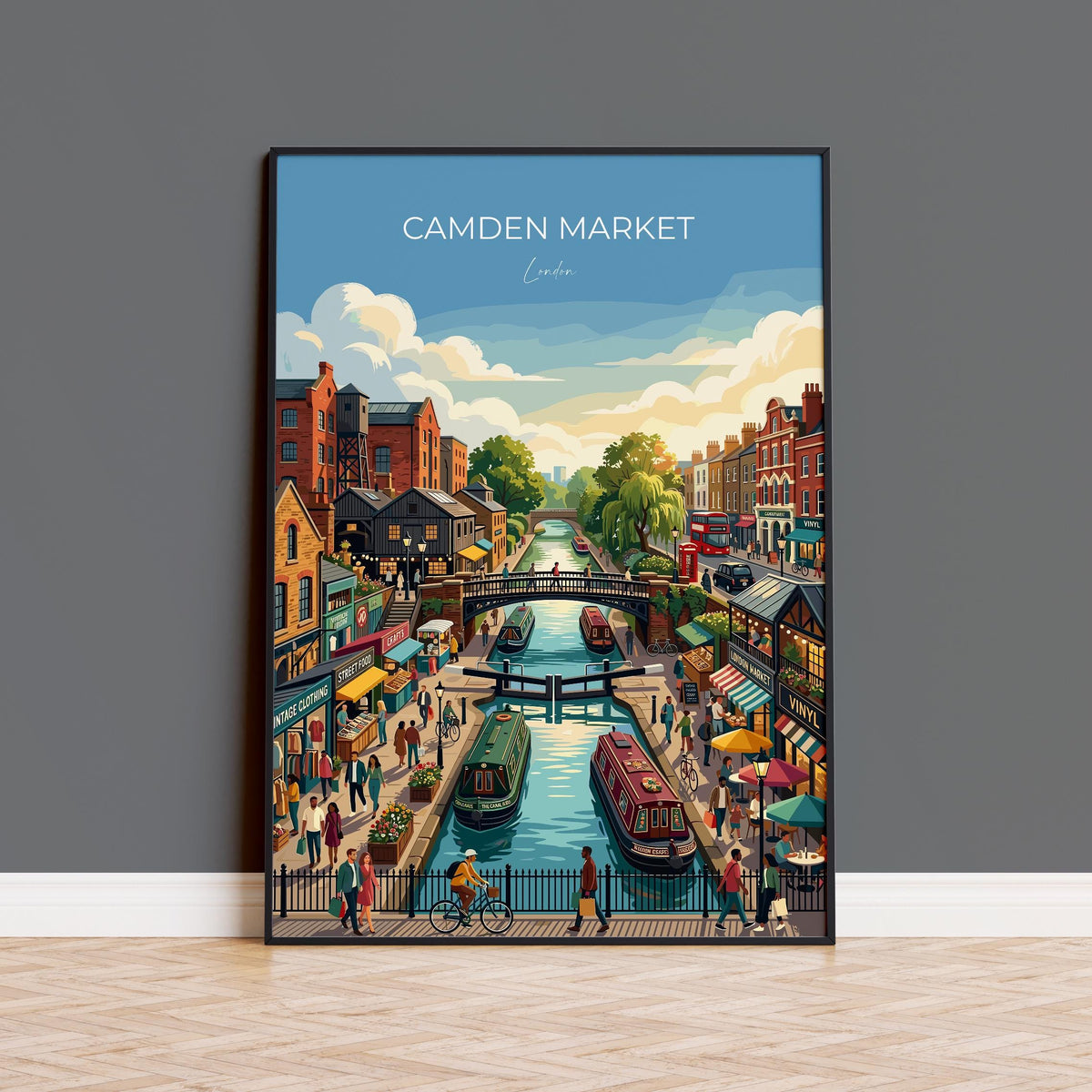Camden Market London Travel Poster, Camden Lock Wall Art, Camden Town Print, Colourful Market & Canal, London Travel Poster