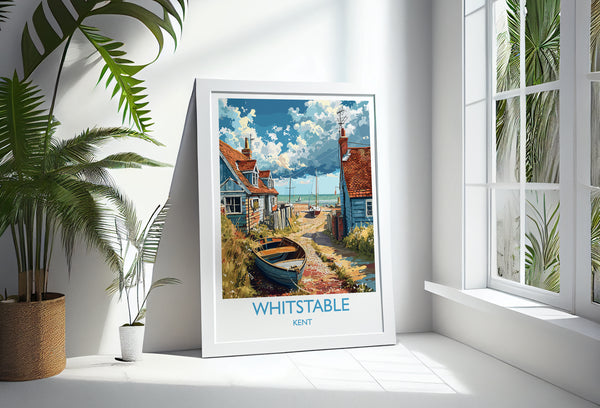 A framed poster of a coastal town in Kent, featuring a boat on the shore and colorful buildings.
