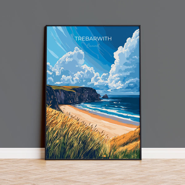 Trebarwith Travel Poster, Travel Print of Trebarwith, England, Cornwall Art, Trebarwith Art Lovers Gift, Wall Art Print