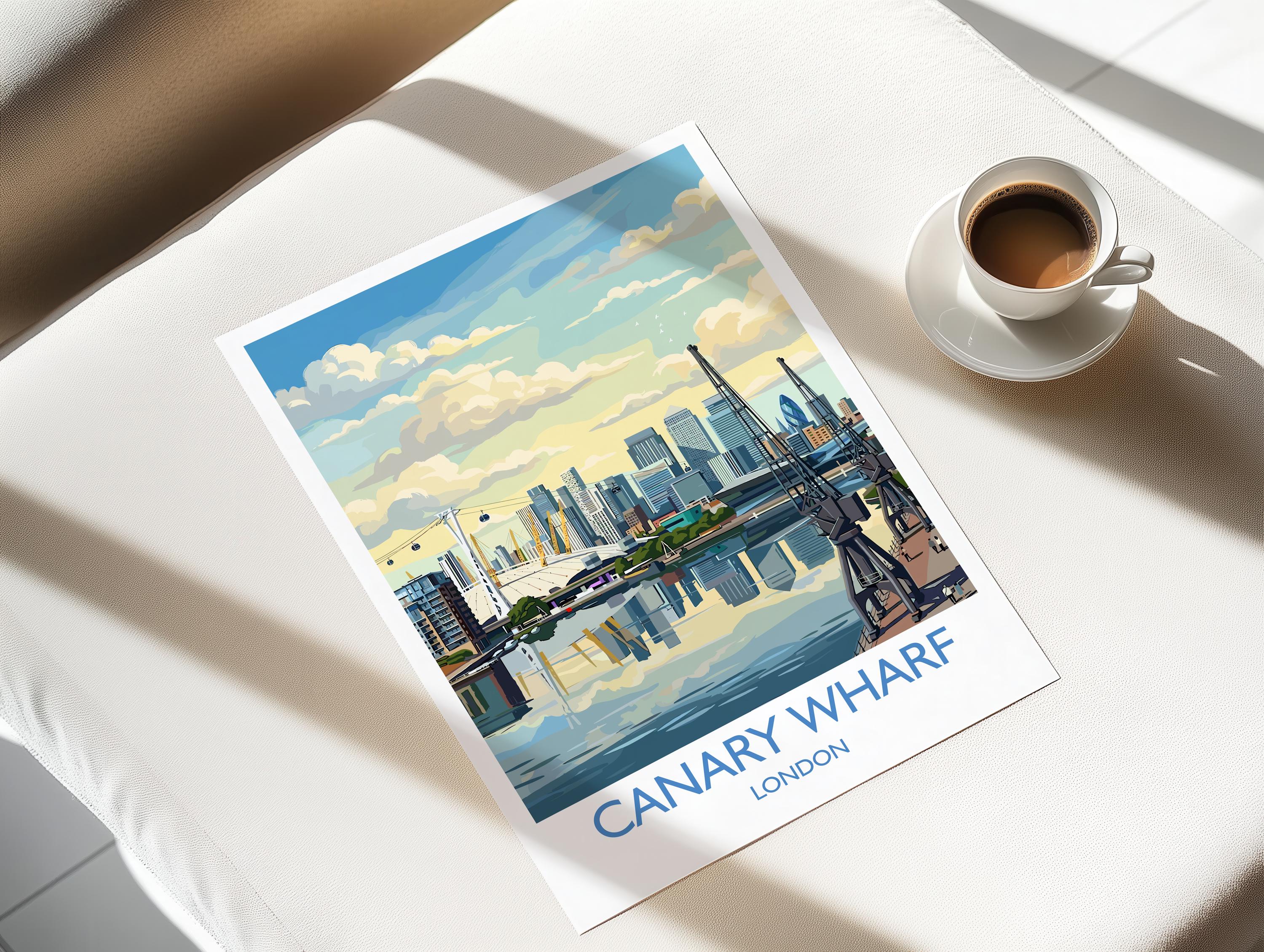 Canary Wharf London Travel Poster, Royal Victoria Dock Wall Art, London Skyline Print, O2 & Cable Car, East London Travel Poster