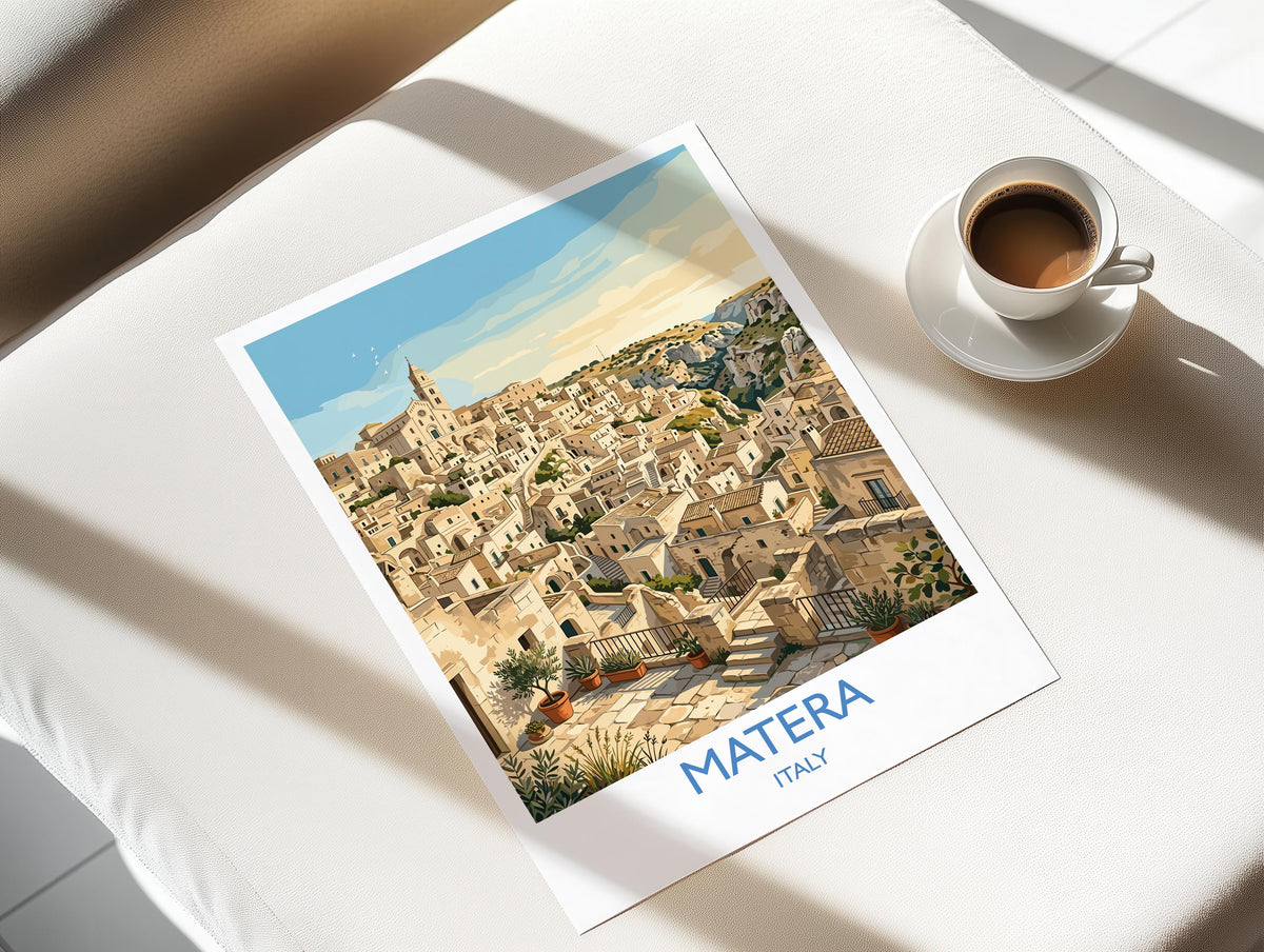 Matera Italy Print, Sassi di Matera Wall Art with Border, Basilicata Poster, Italian Cave City Print, Matera Gift Print