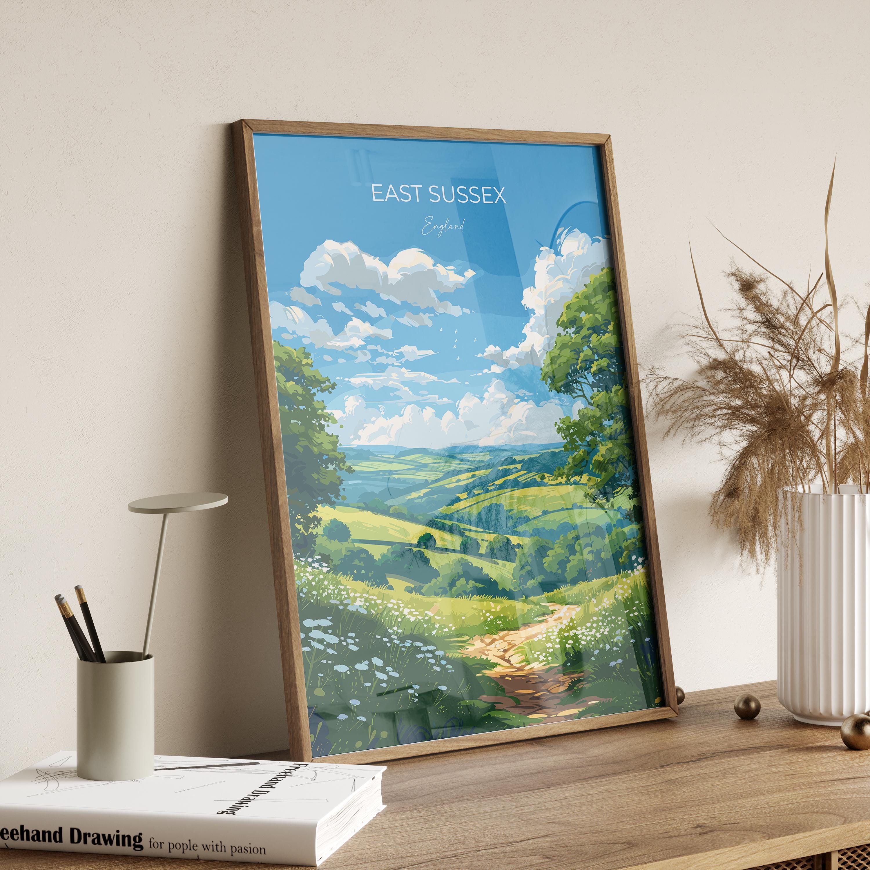 East Sussex Travel Print Wall Art, East Sussex Travel Poster, English Countryside Art Gift, Wall Art Print NQ Media Designs