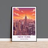New York City Art Print, Manhattan Sunset Skyline View, Empire State, Travel Poster NQ Media Designs
