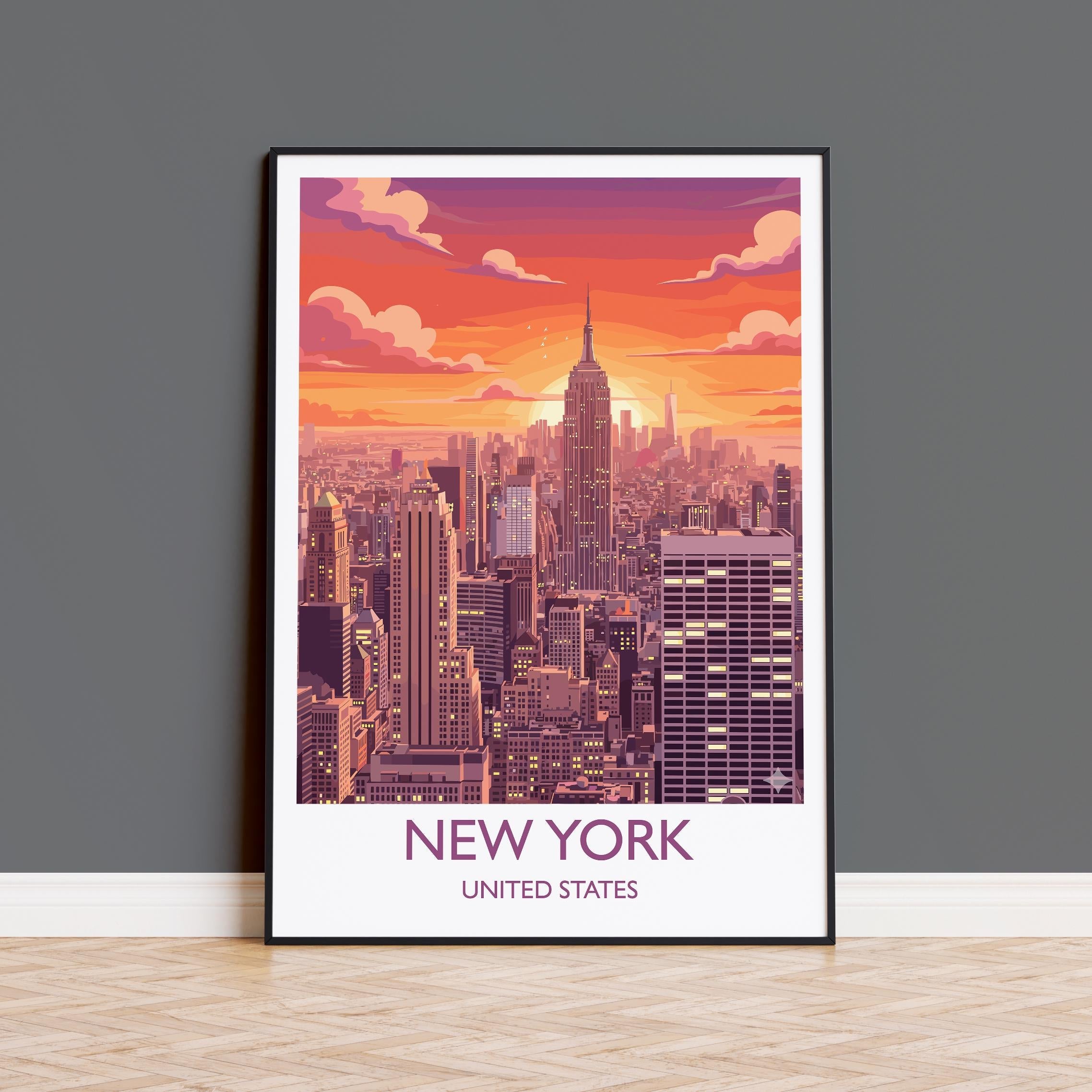 New York City Art Print, Manhattan Sunset Skyline View, Empire State, Travel Poster NQ Media Designs