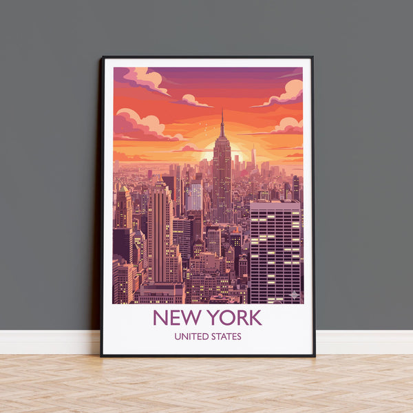 New York City Art Print, Manhattan Sunset Skyline View, Empire State, Travel Poster