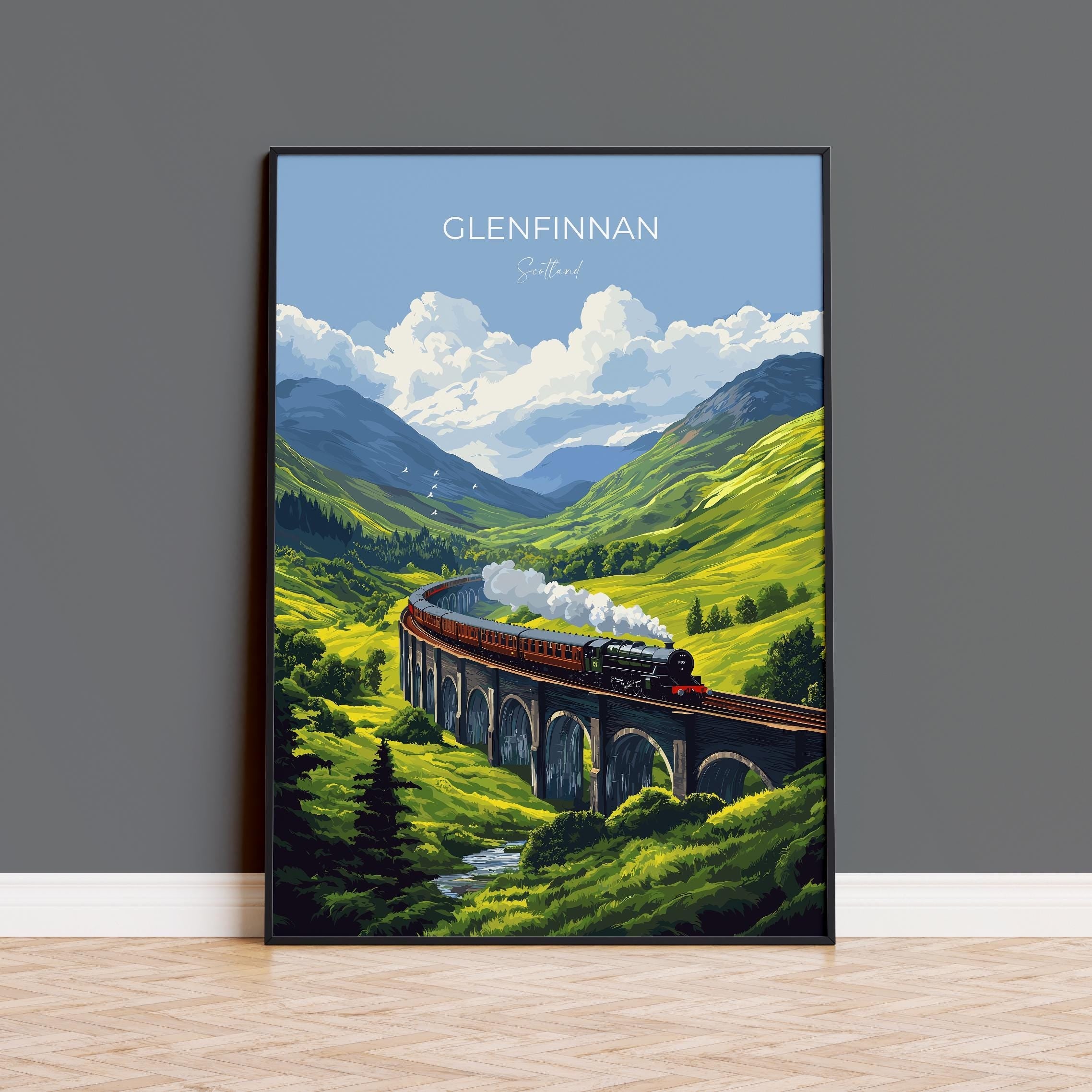 Glenfinnan Viaduct Travel Poster Wall Art, Scottish Highlands Art, Railway Bridge Print, Scotland Landscape, Steam Train Decor Artwork NQ Media Designs