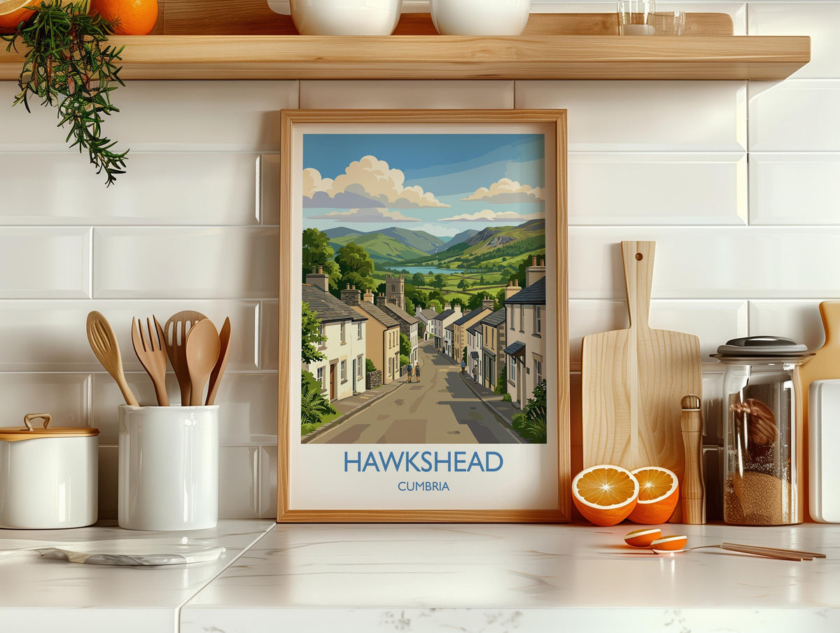 Hawkshead Print, Lake District Wall Art with Border, Cumbria Poster, England Travel Print, Hawkshead Gift Print