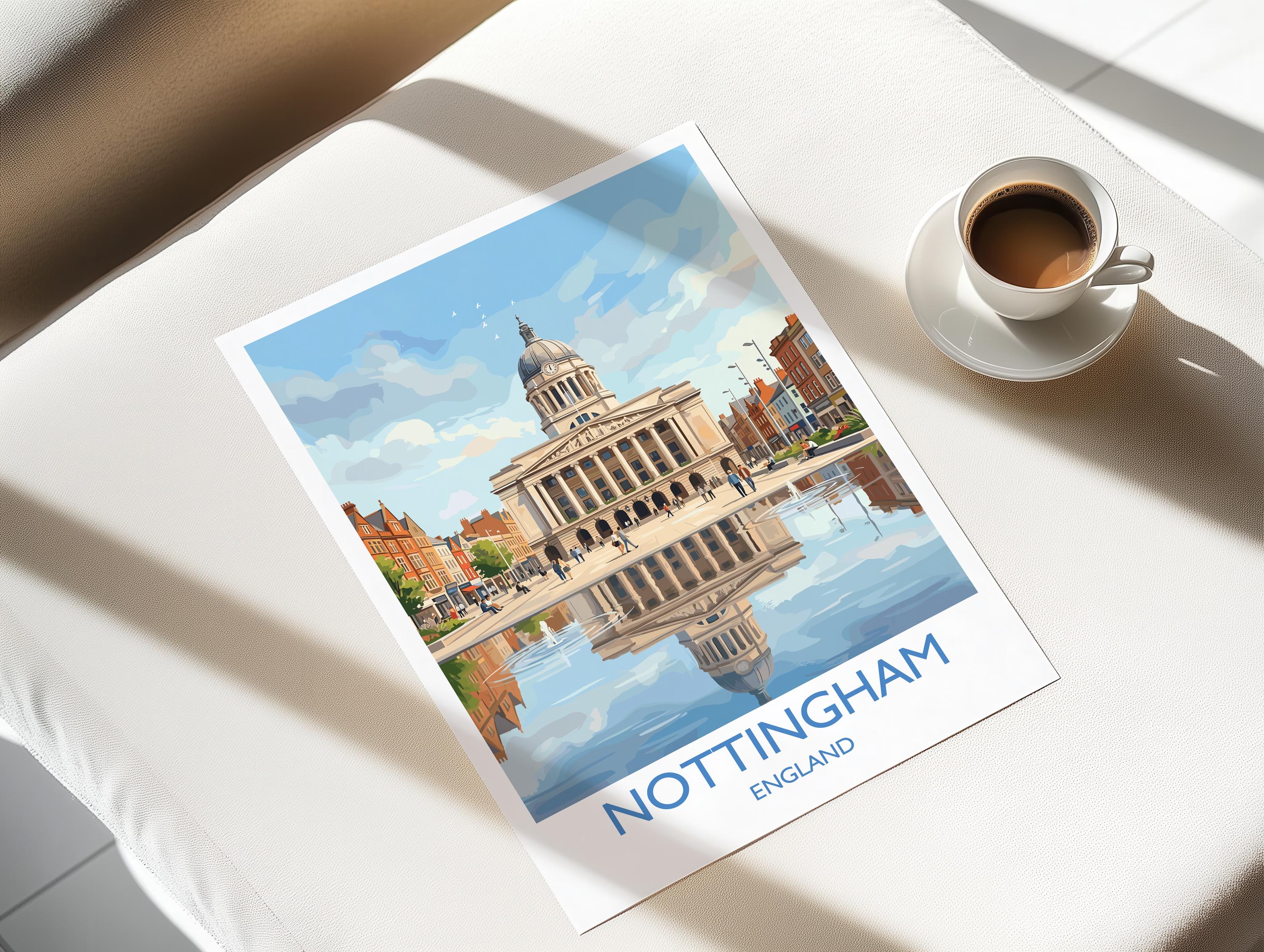 Nottingham Travel Poster, Exchange Building Wall Art, Old Market Square Print, Nottingham City Illustration, UK City Decor, Nottingham Gift