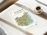 Suffolk Illustrated Map Print, England Wall Art, Suffolk Coast Map Poster, Framed or Canvas Print, Suffolk Gift