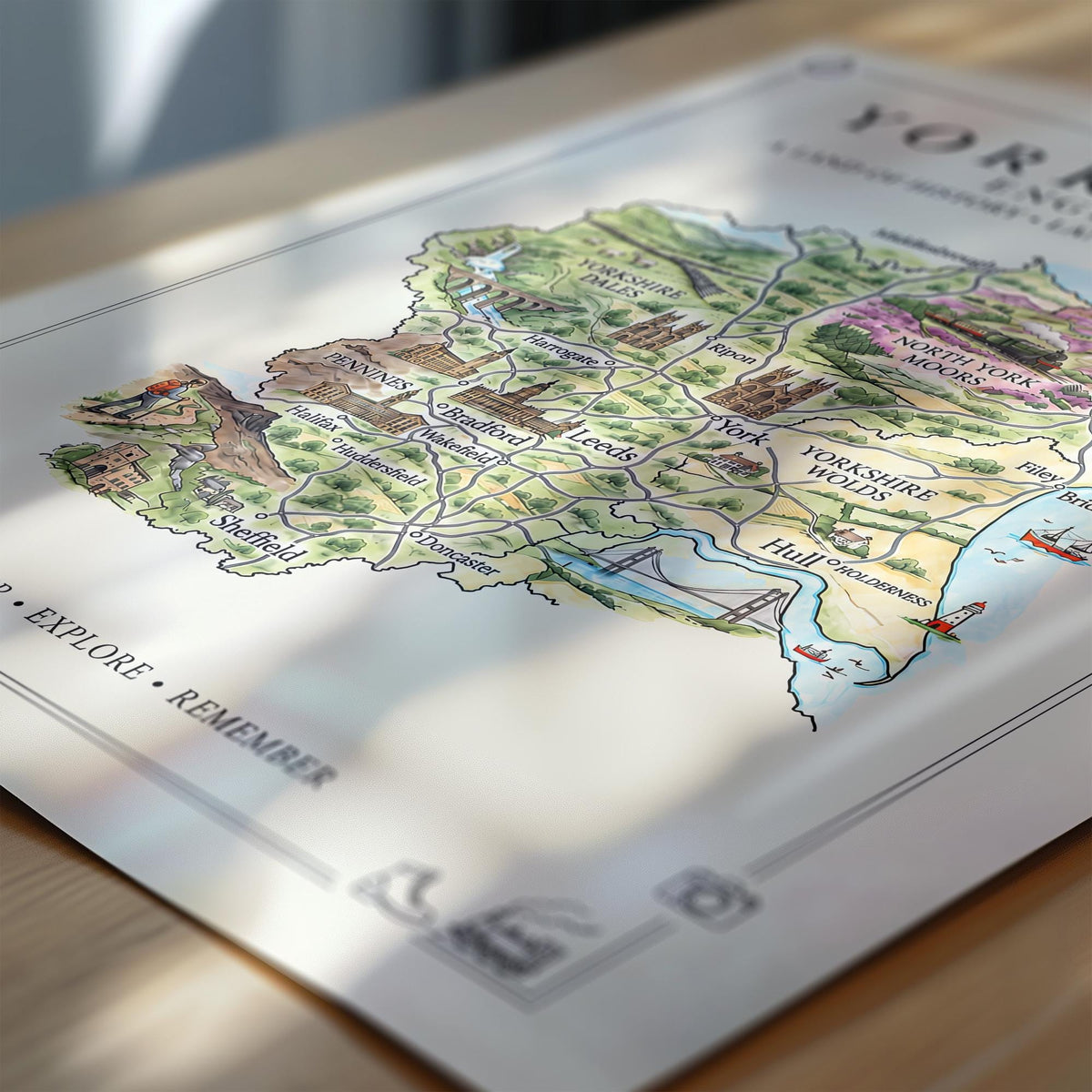 Yorkshire Illustrated Map Print, England Wall Art, Yorkshire Dales Poster, Framed or Canvas Print, Yorkshire Gift