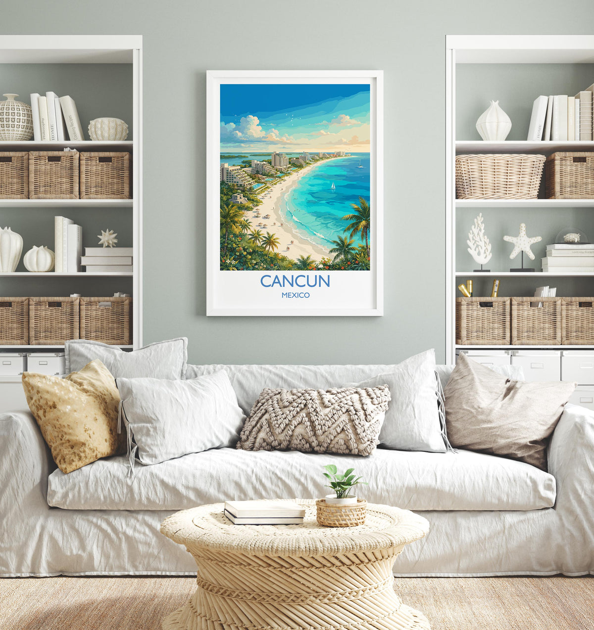 Cancun Mexico Print, Beach Wall Art with Border, Caribbean Poster, Mexico Travel Print, Cancun Gift Print