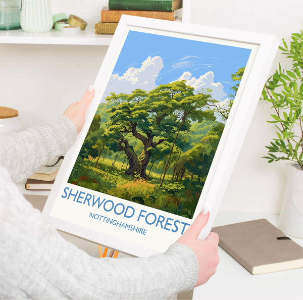 Sherwood Forest Travel Poster Wall Art, Travel Print of Sherwood Forest, Major Oak, Nottinghamshire, England Countryside Art Lovers Gift