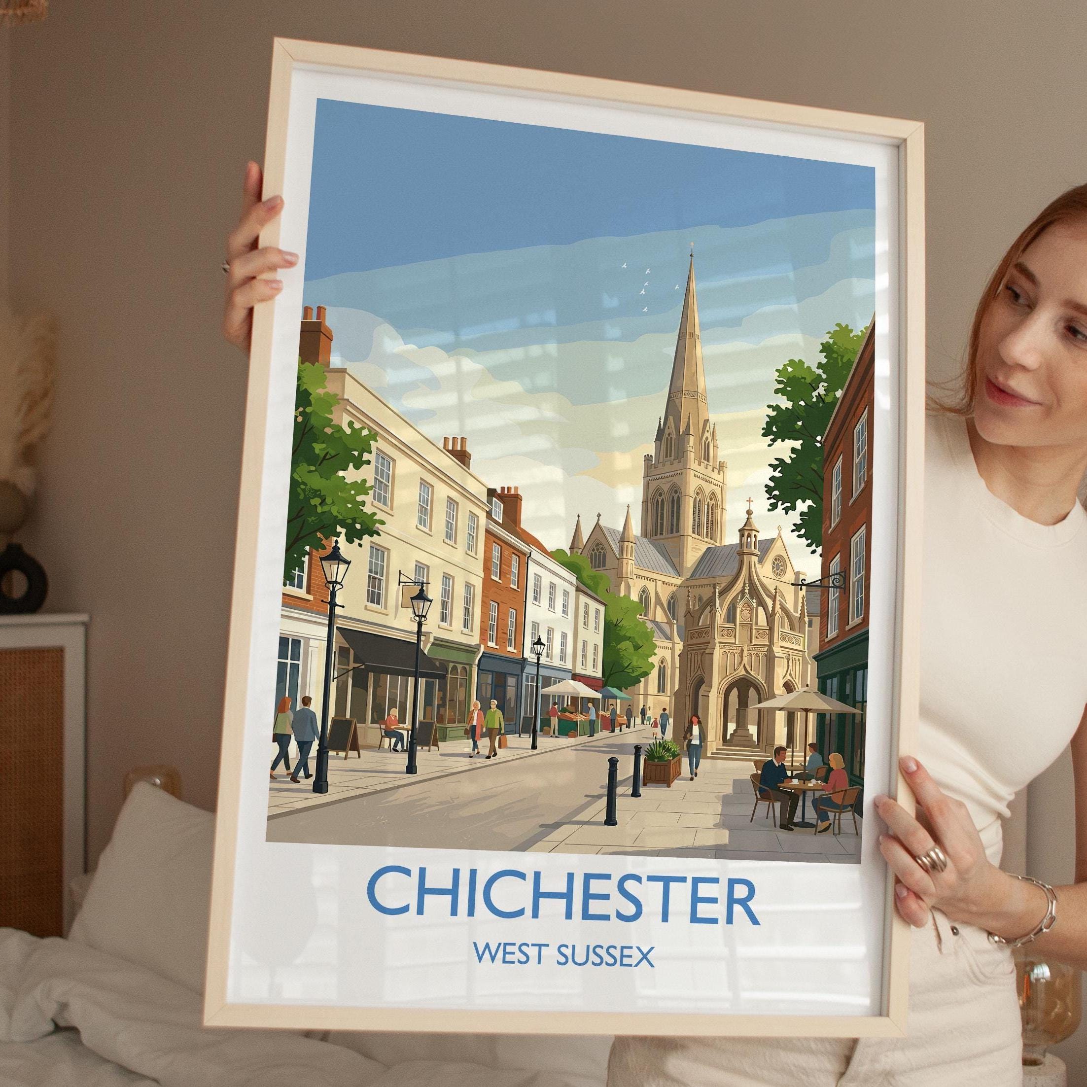 Chichester Cathedral Travel Poster, Chichester High Street Clock Tower Wall Art, West Sussex City Print, Historic England, Vintage Style UK