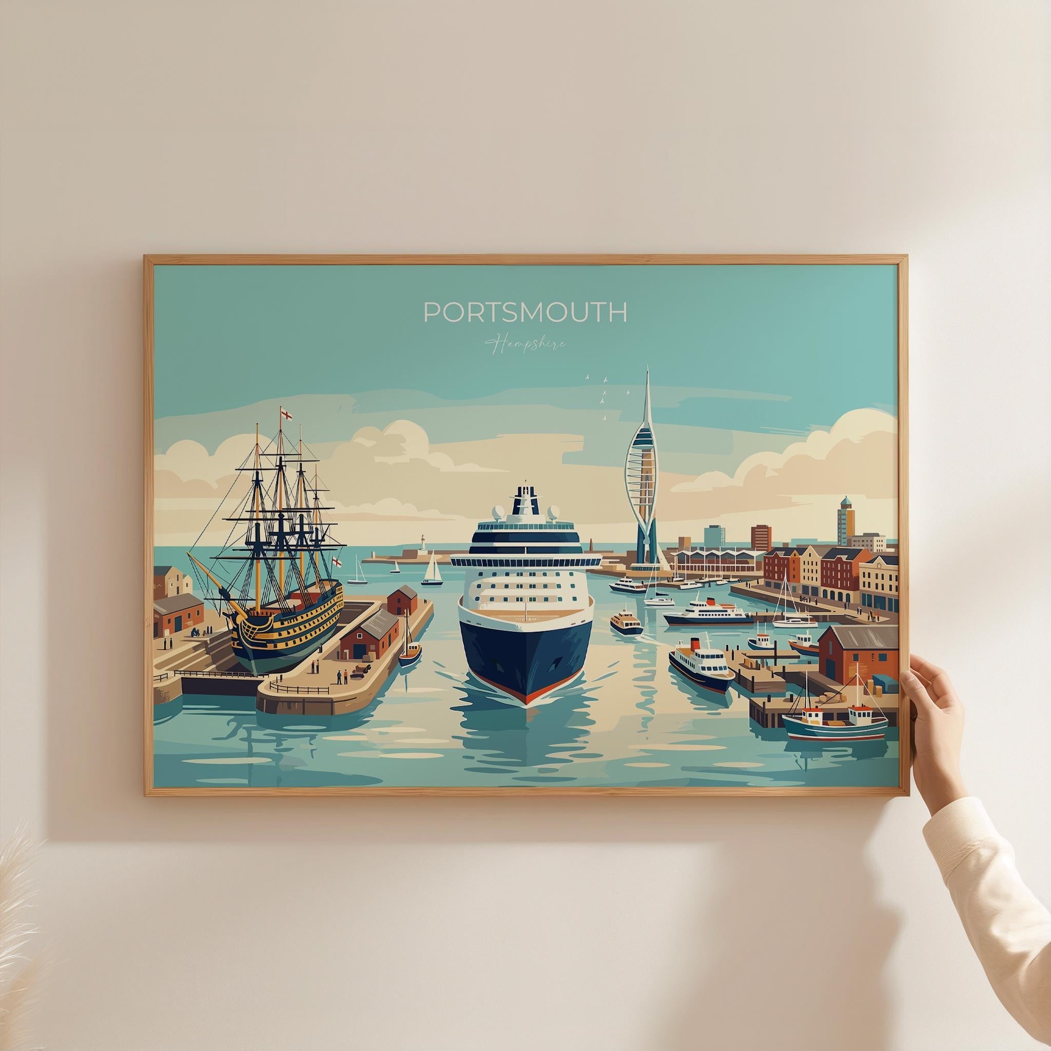 Portsmouth Landscape Travel Print Poster, Spinnaker Tower Wall Art, Hampshire Coastal City Illustration, UK Travel Decor, Seaside Gift NQ Media Designs