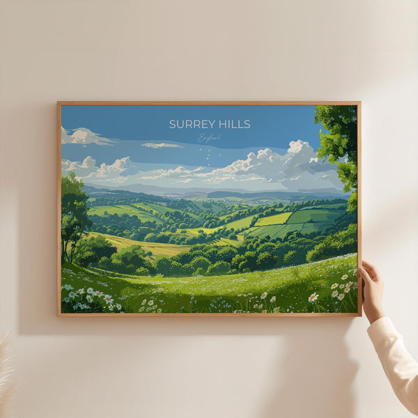 Surrey Hills Landscape Travel Poster Wall Art, Surrey Hills Travel Print, English Countryside Art Gift, Wall Art Print