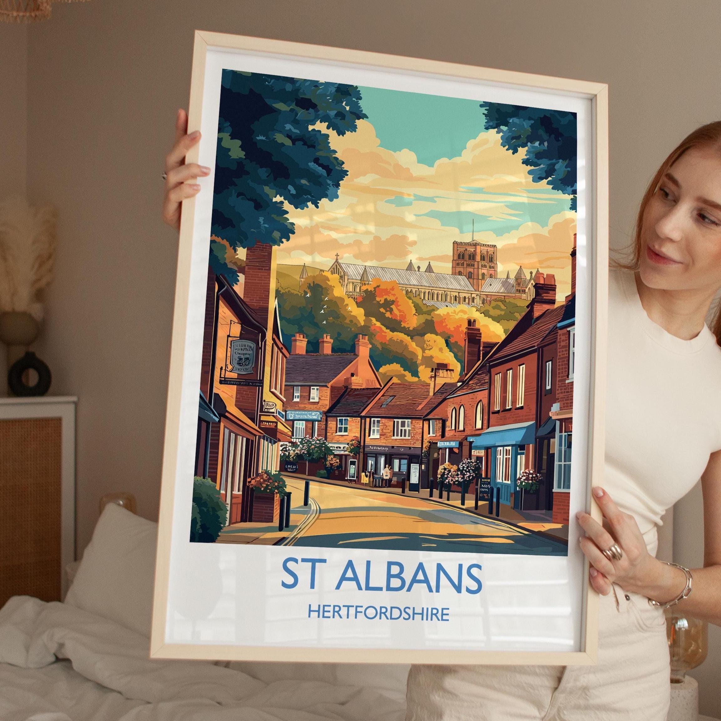 St Albans Travel Poster Wall Art, Travel Print of St Albans, Hertfordshire, England, English Cathedral City Gift NQ Media Designs