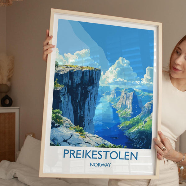 Preikestolen Travel Print, Travel Poster of Fjords, Norway Poster, Preikestolen Art Gift, Norway Art Lovers Travel Gift