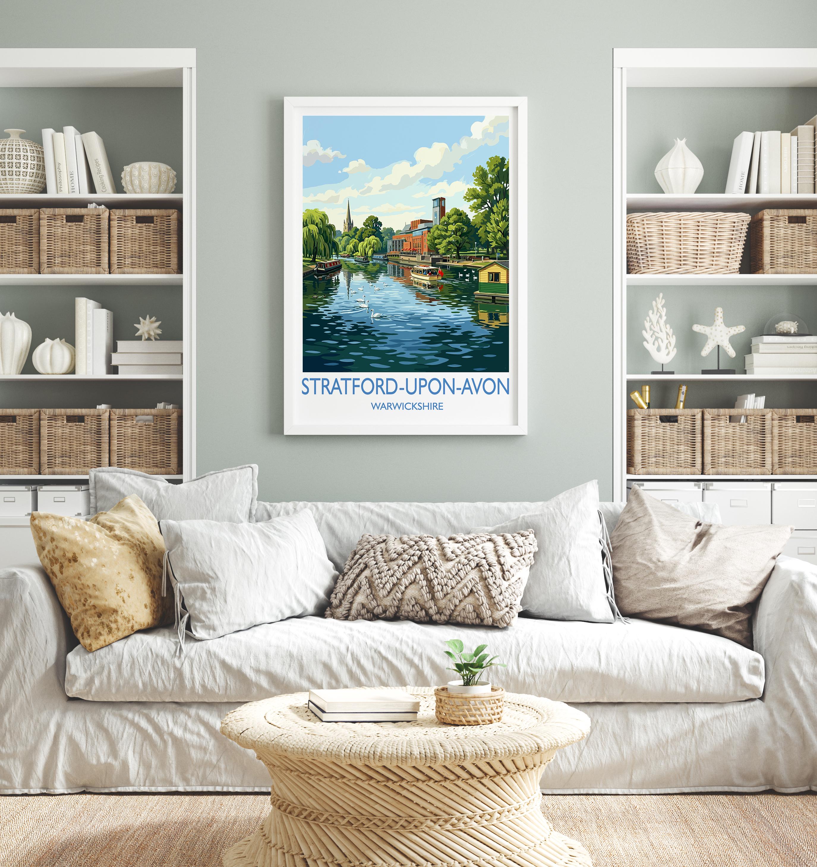 Stratford upon Avon Travel Poster, River Avon Wall Art, Royal Shakespeare Theatre Print, Holy Trinity Church Illustration, UK Decor