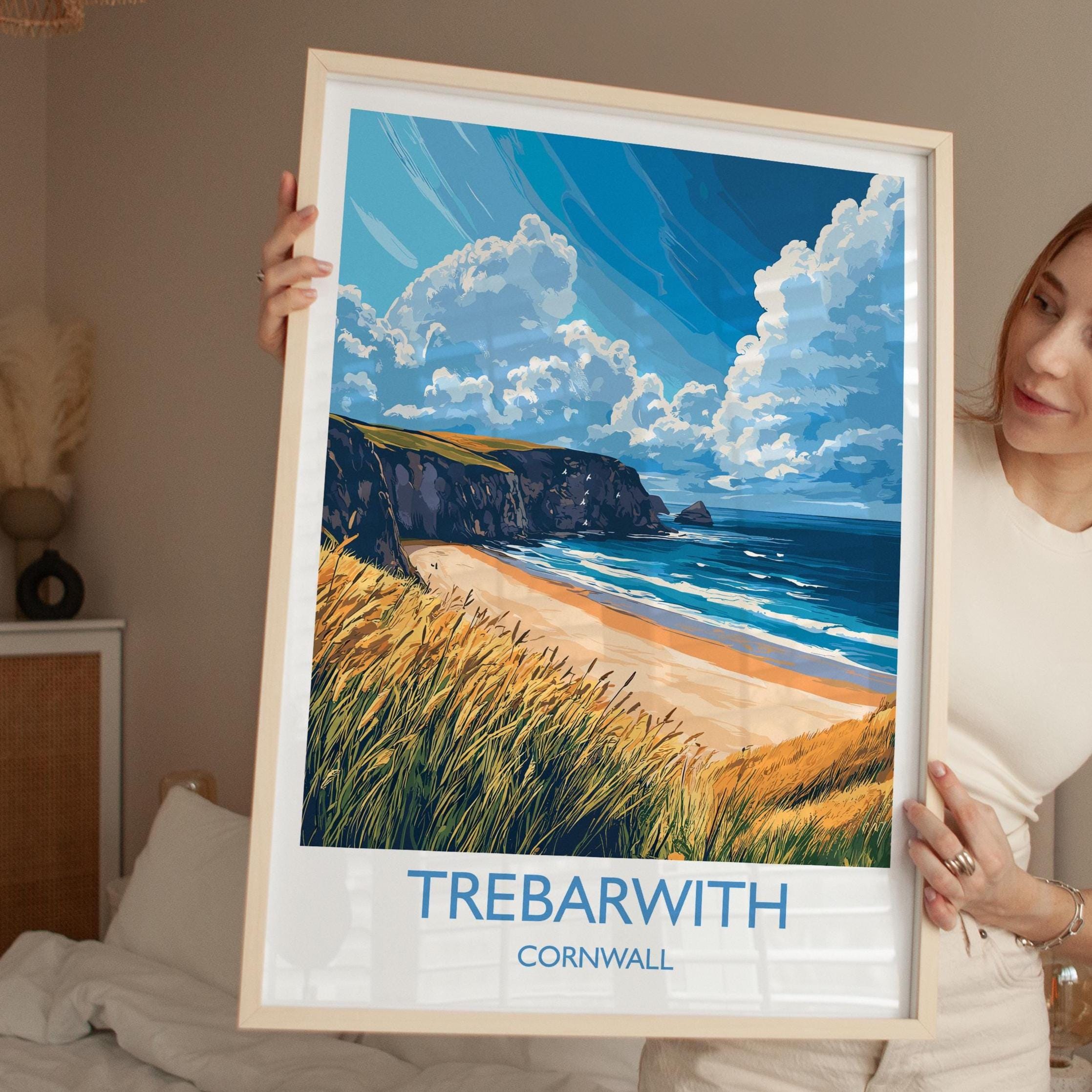 Trebarwith Travel Print, Travel Poster of Trebarwith, England, Cornwall Art, Trebarwith Art Lovers Gift, Wall Art Print NQ Media Designs