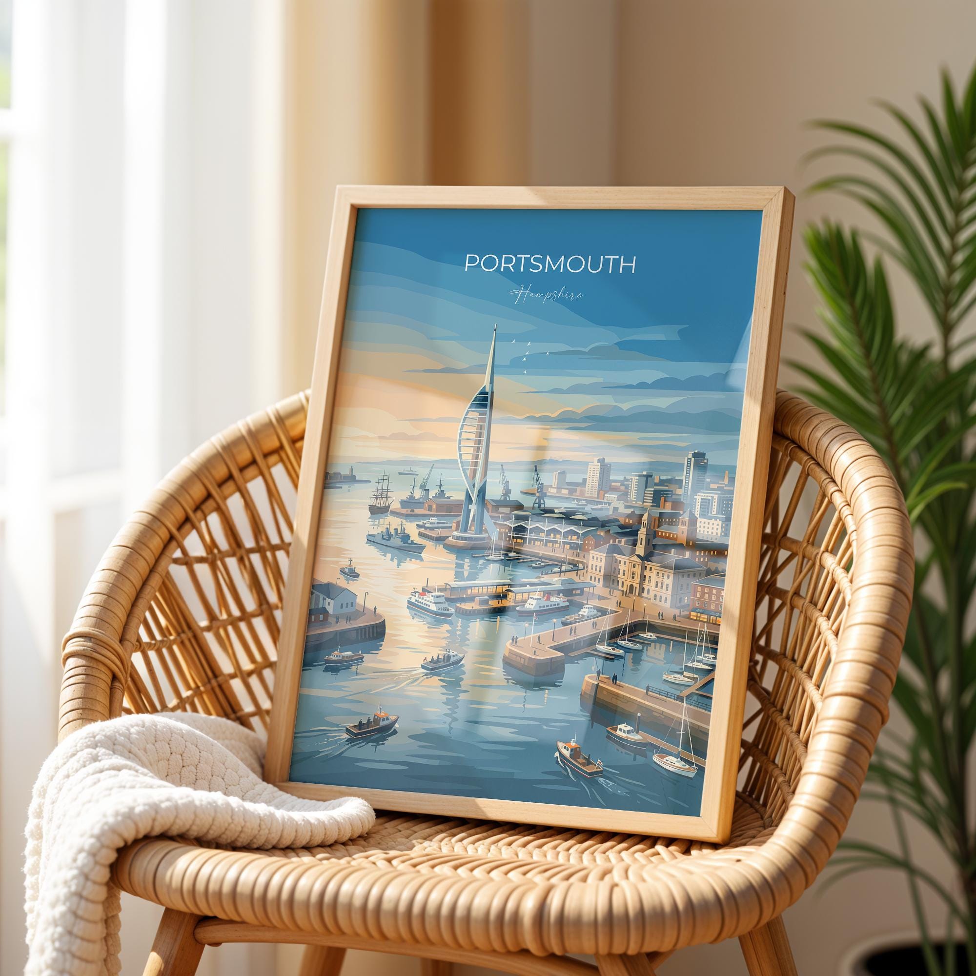Portsmouth Travel Print Poster, Southsea & Spinnaker Tower Wall Art, Hampshire Coastal City Illustration, UK Travel Decor, Seaside Gift