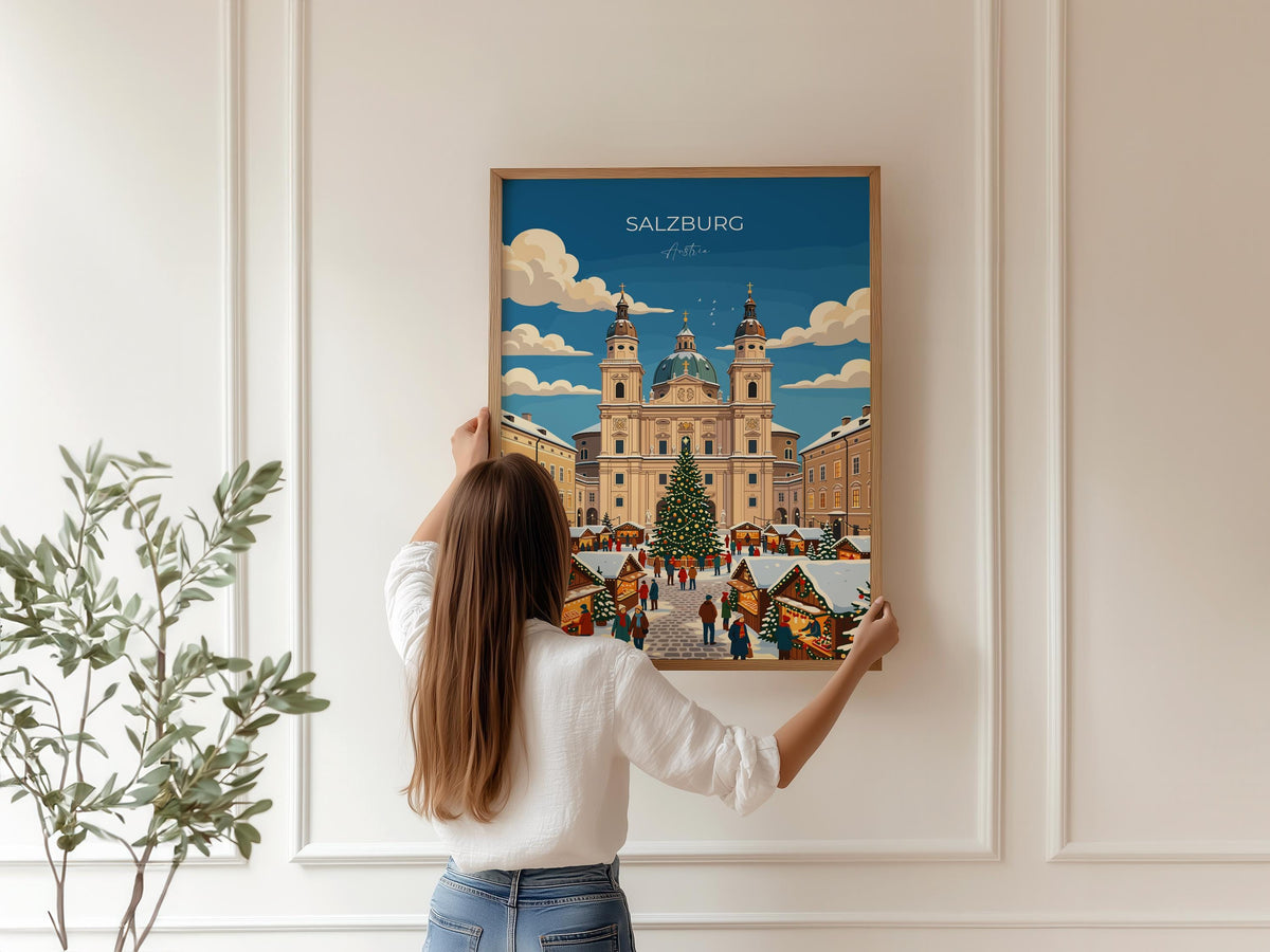 Salzburg Christmas Market Poster, Austria Winter Wall Art, Salzburg Cathedral Print, Austrian Festive Travel Poster, Salzburg Gift
