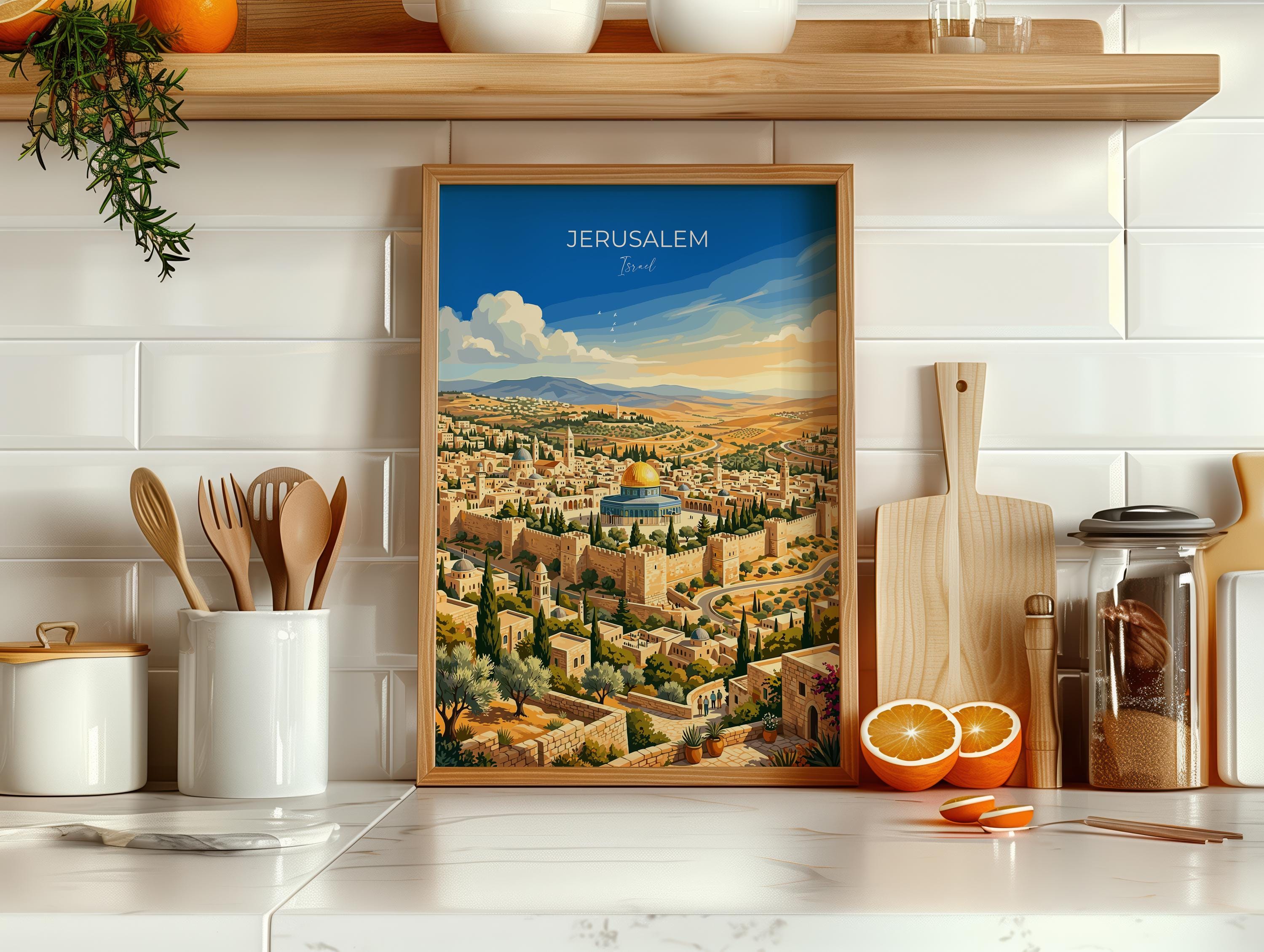 Jerusalem Israel Travel Print, Old City Wall Art, Dome of the Rock Poster, Jerusalem Skyline Illustration, Historic Middle East Decor