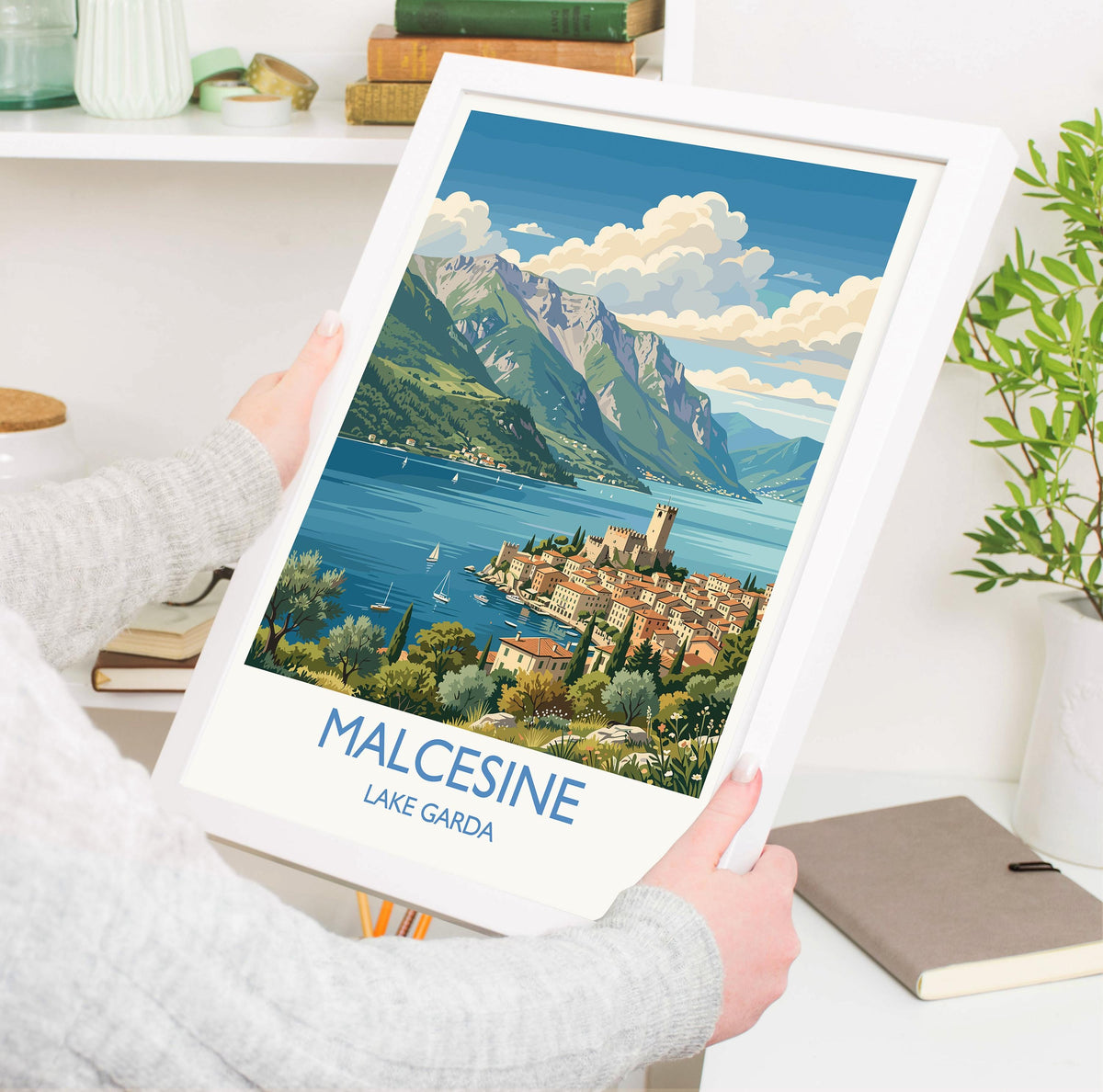 Malcesine Print, Lake Garda Wall Art with Border, Scaliger Castle Poster, Italy Travel Print, Malcesine Gift Print