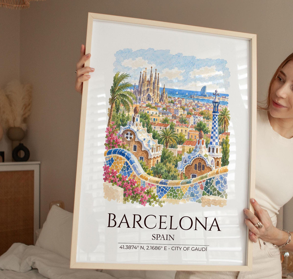 Barcelona Spain Watercolour Print, Sagrada Familia Wall Art, Park Güell Poster, Gaudí Architecture Print, Spanish Coordinates Print