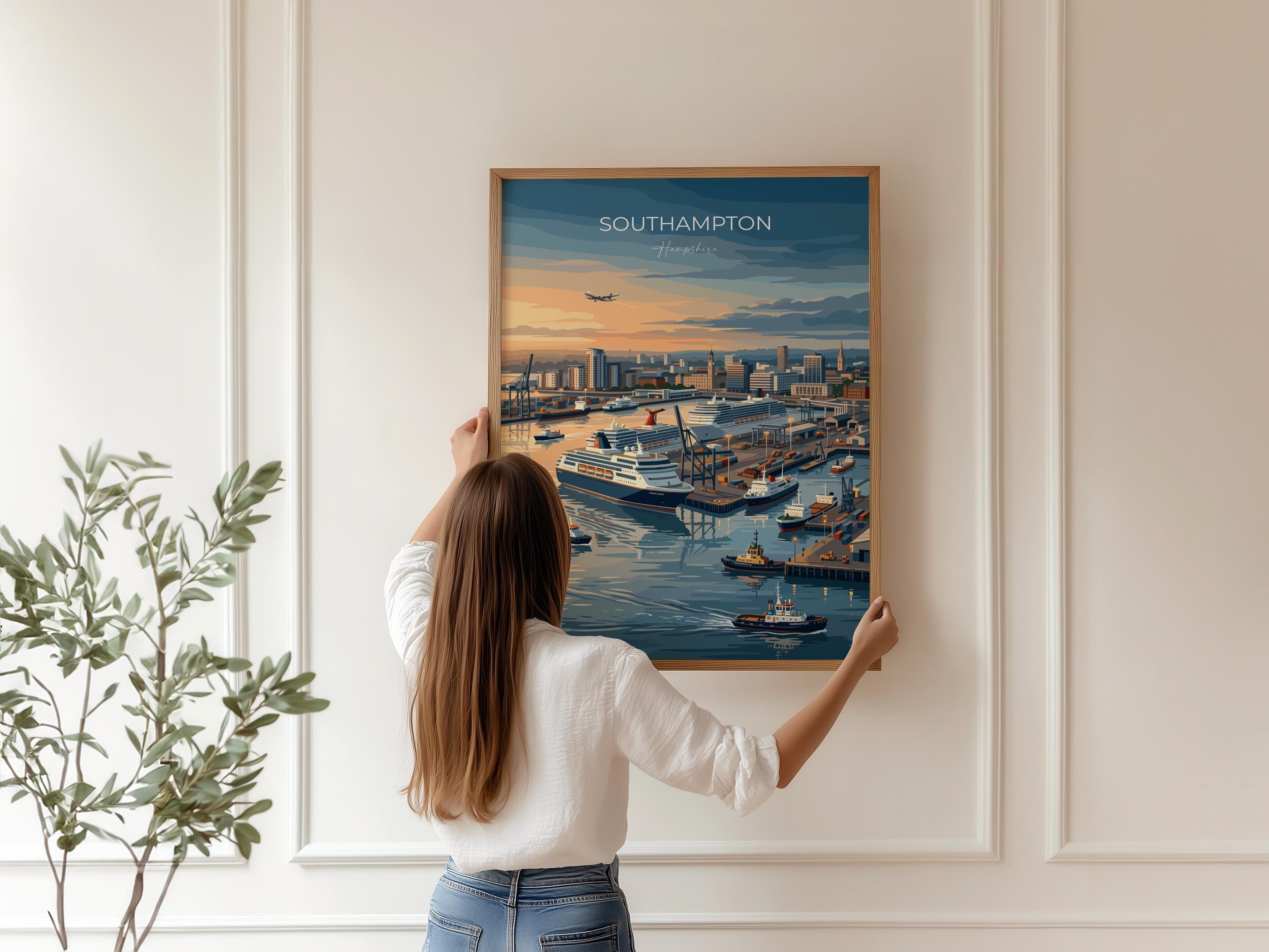 Southampton Port Travel Print, Southampton Docks Wall Art, Cruise Ship Harbour Poster, Historic Port Illustration, UK Coastal Decor